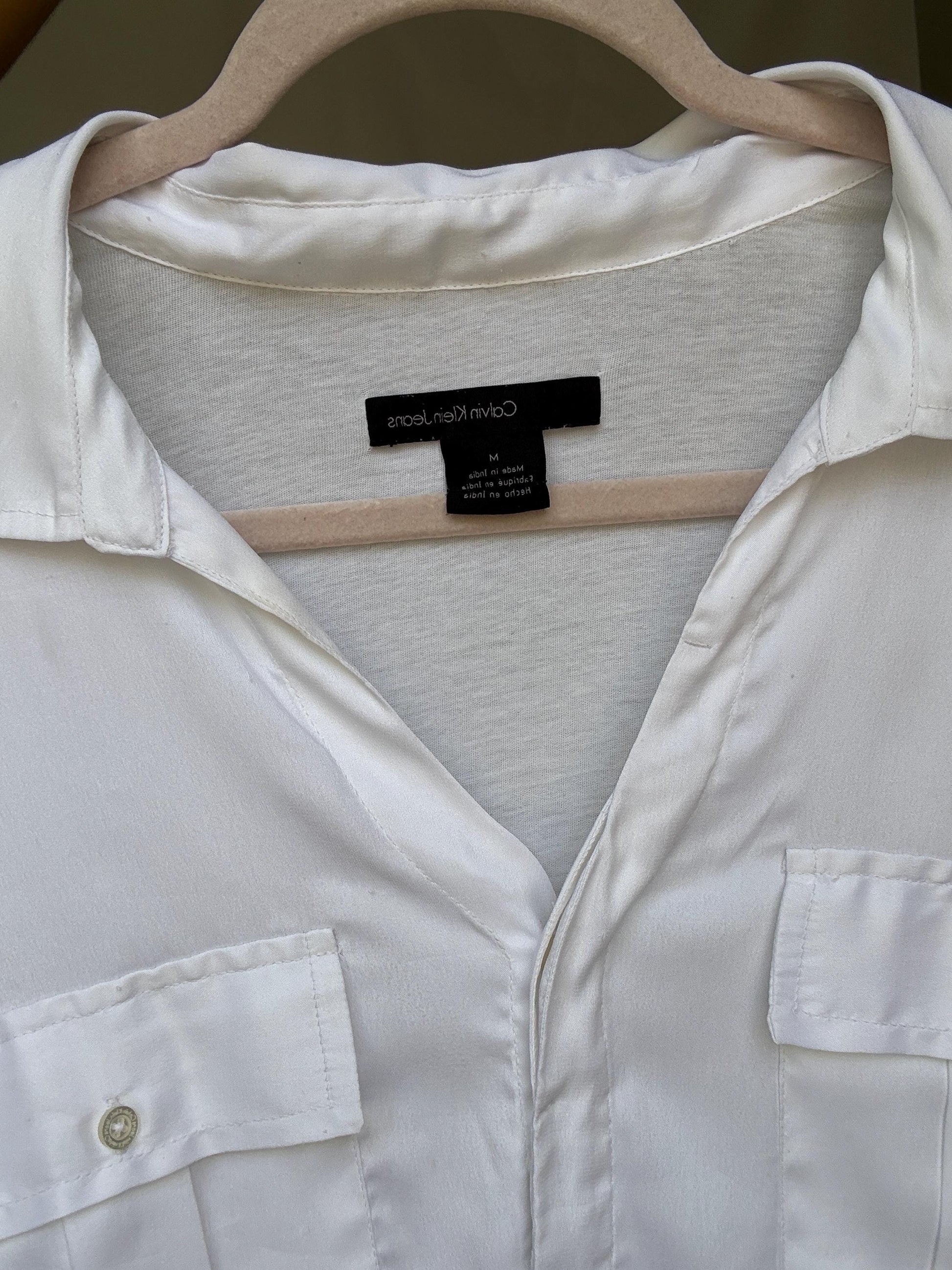 Calvin Klein Jeans white button-up shirt M | shiny front jersey back | Men long sleeve designer clothing