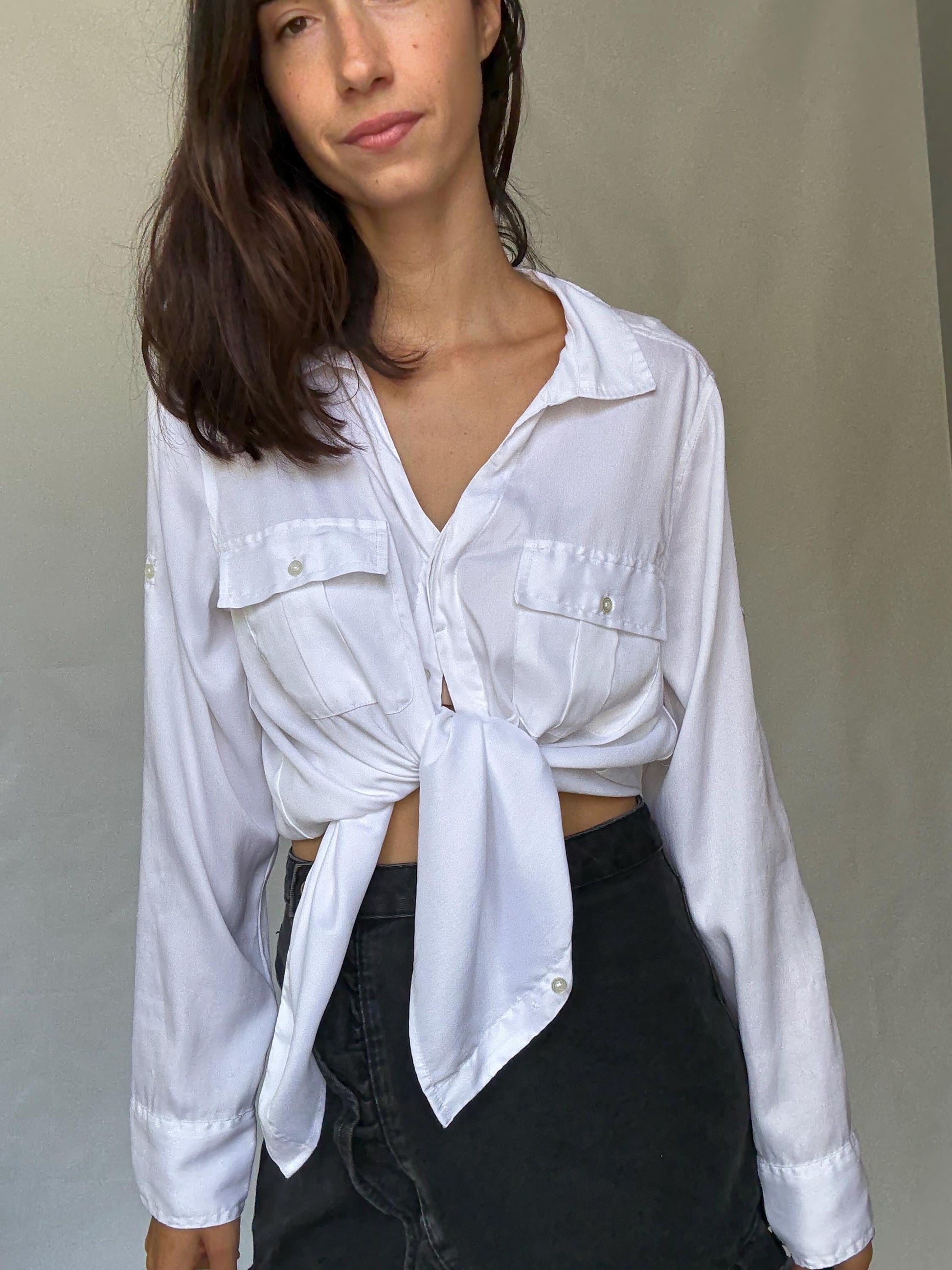 Calvin Klein Jeans white button-up shirt M | shiny front jersey back | Men long sleeve designer clothing