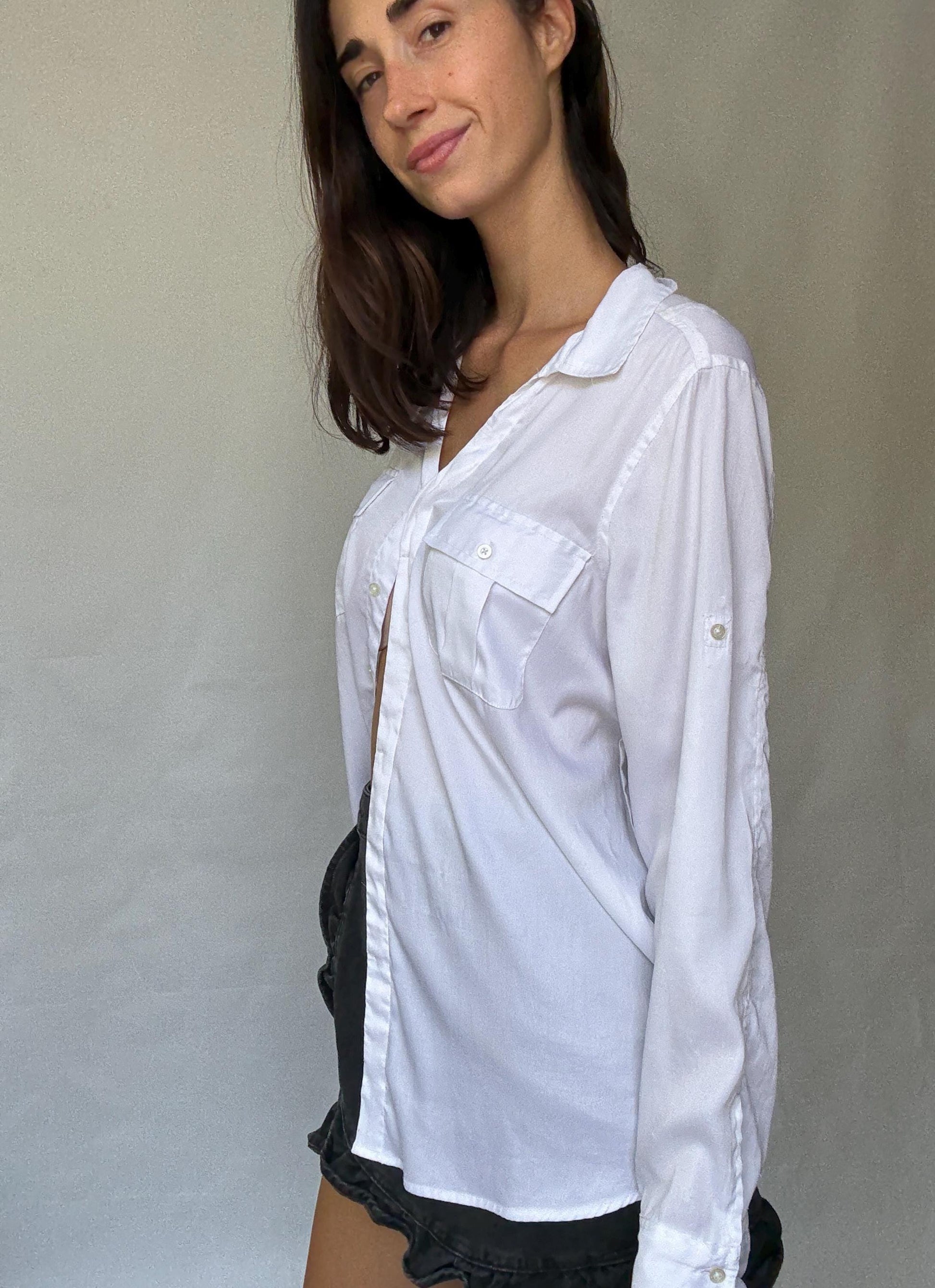 Calvin Klein Jeans white button-up shirt M | shiny front jersey back | Men long sleeve designer clothing