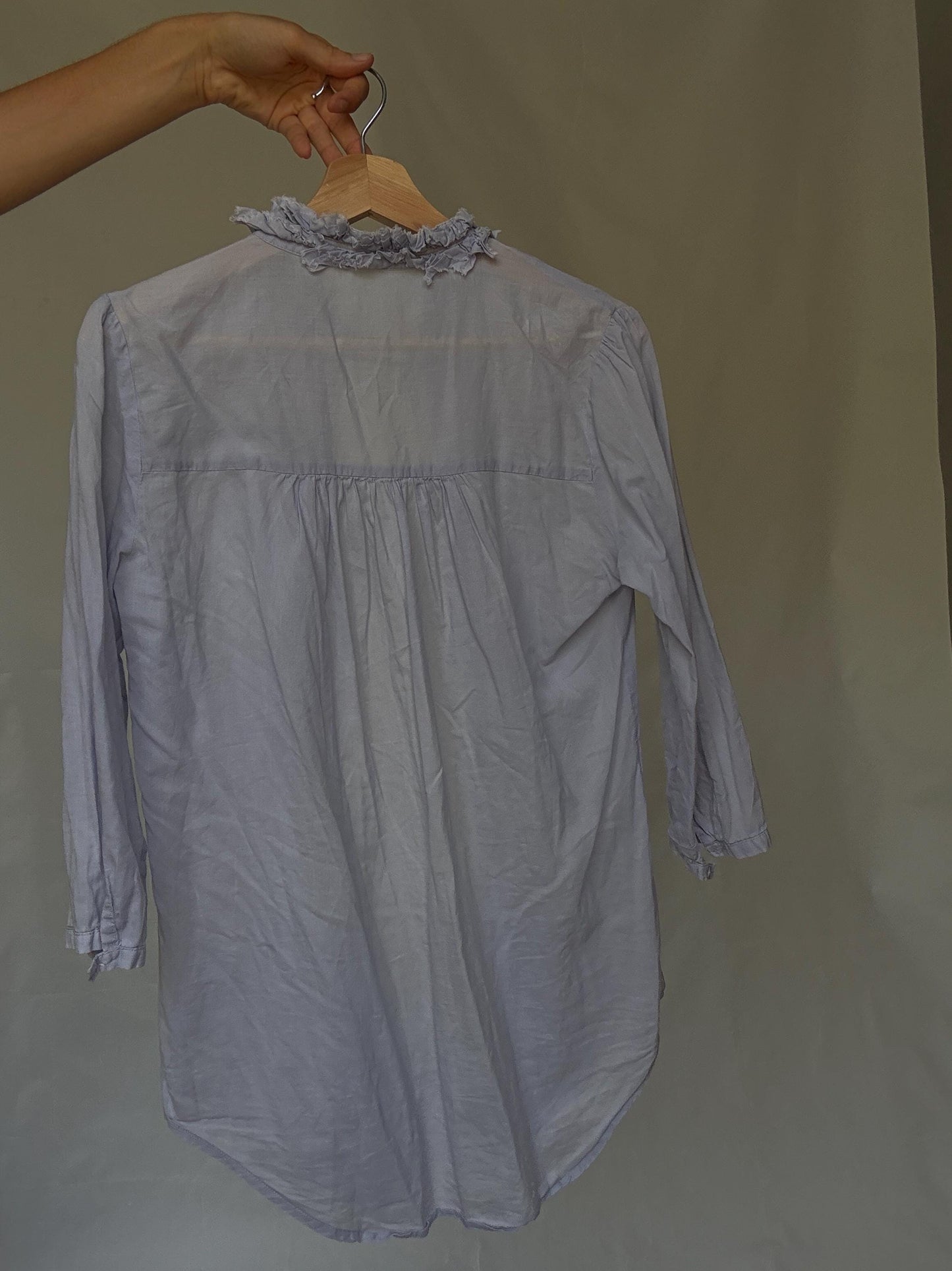 Light blue sheer cotton blouse | tie neckline ruffle detail | summer lightweight shirt | romantic feminine style secondhand top