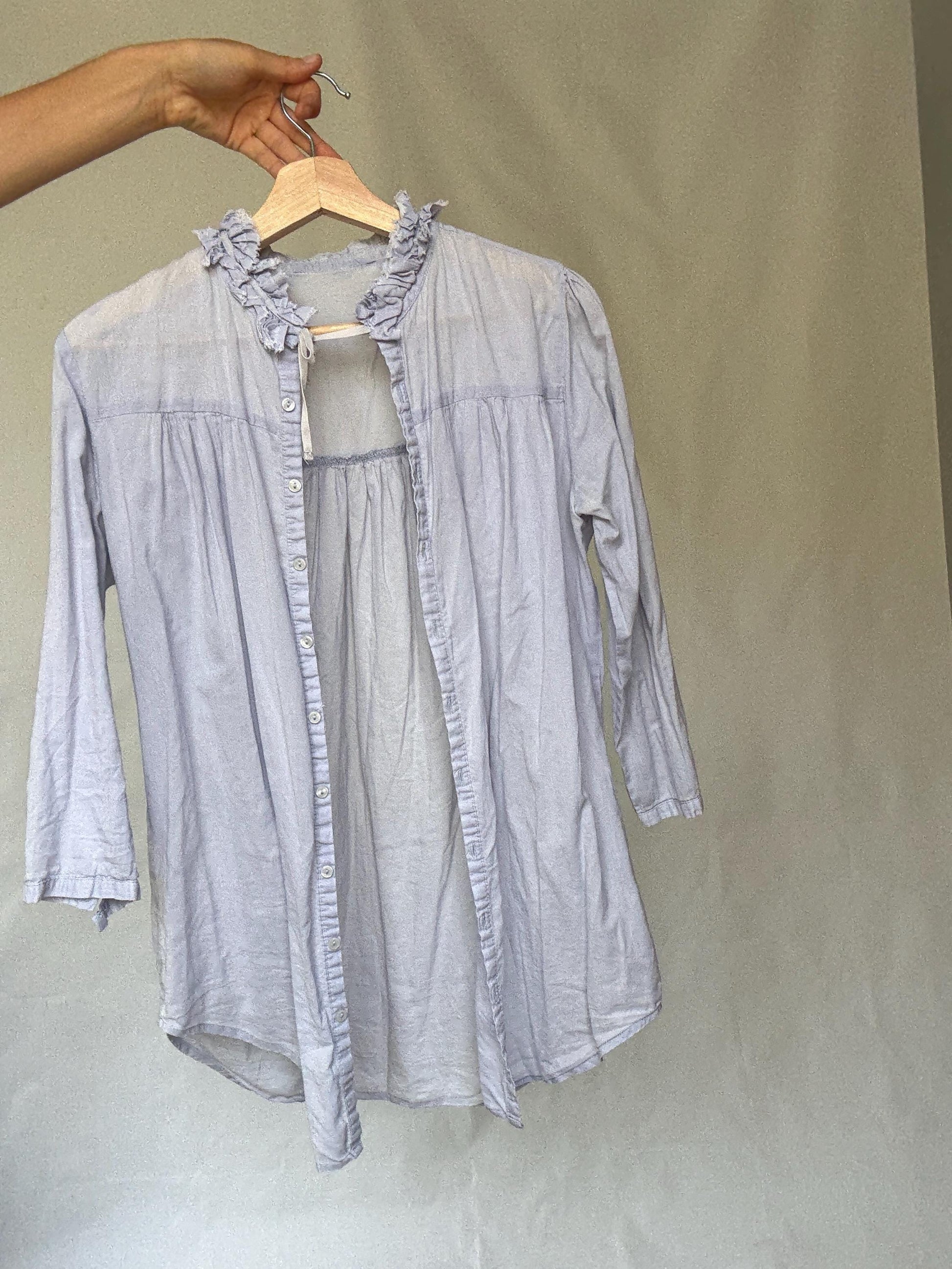 Light blue sheer cotton blouse | tie neckline ruffle detail | summer lightweight shirt | romantic feminine style secondhand top