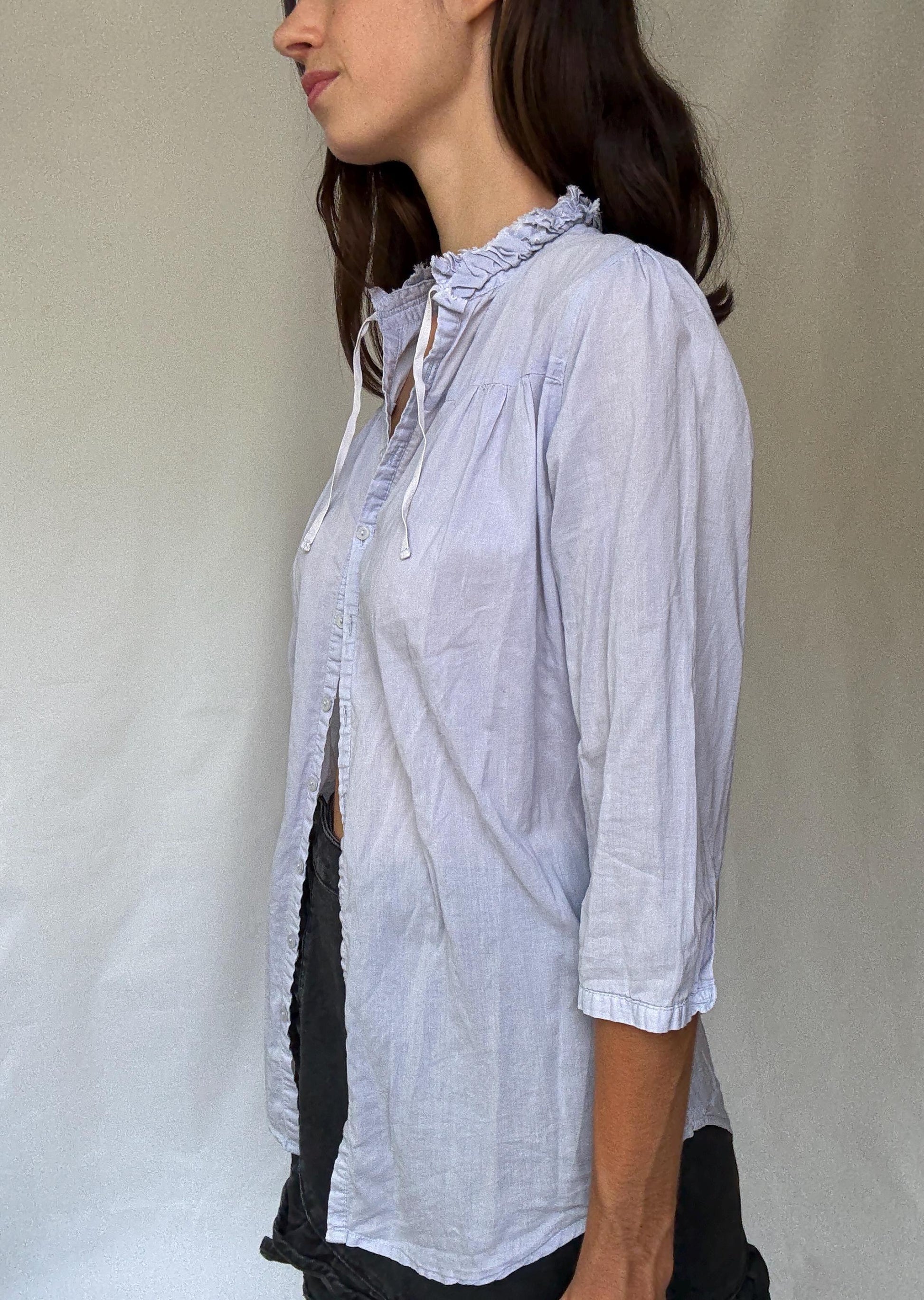 Light blue sheer cotton blouse | tie neckline ruffle detail | summer lightweight shirt | romantic feminine style secondhand top