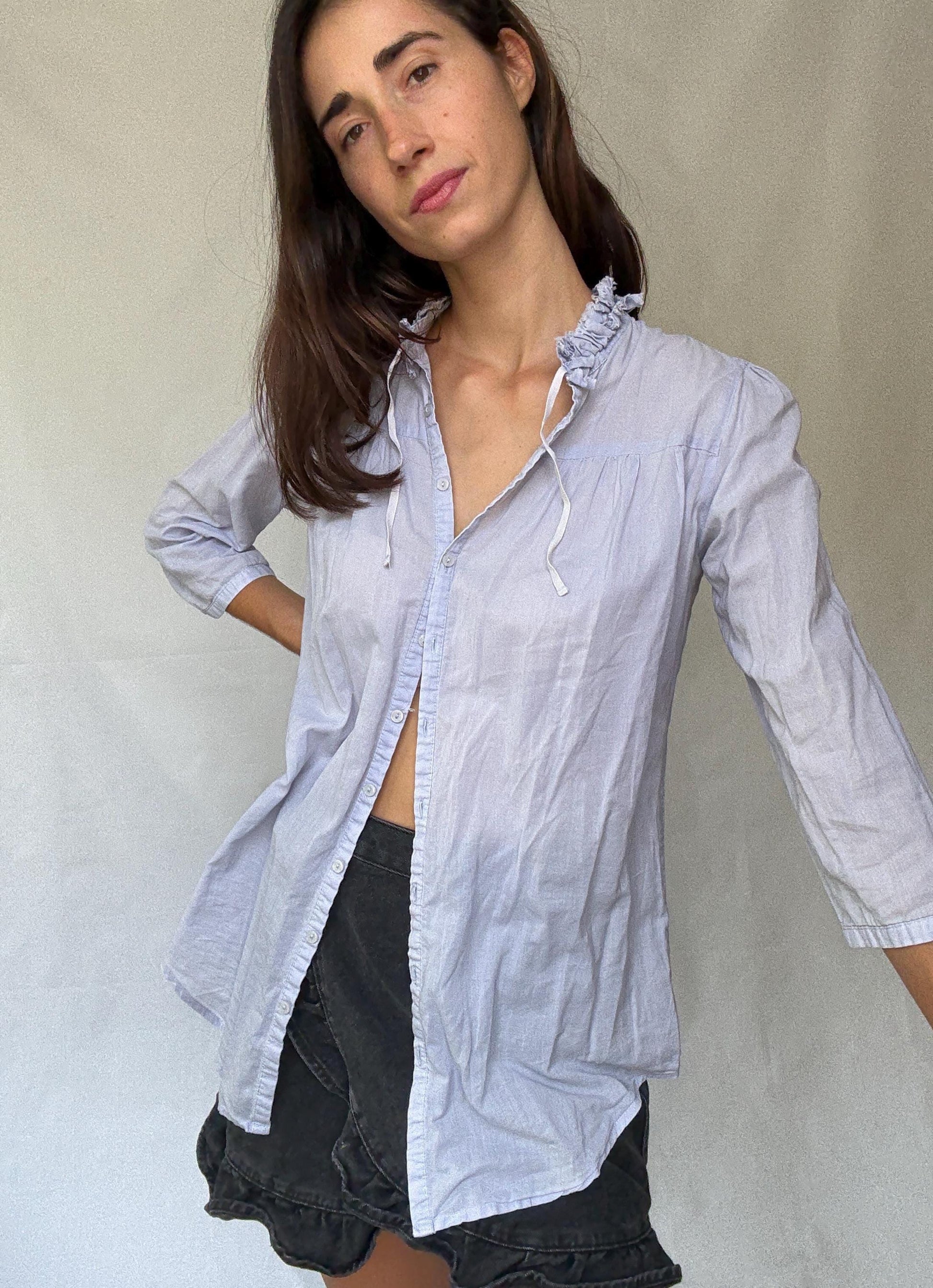 Light blue sheer cotton blouse | tie neckline ruffle detail | summer lightweight shirt | romantic feminine style secondhand top