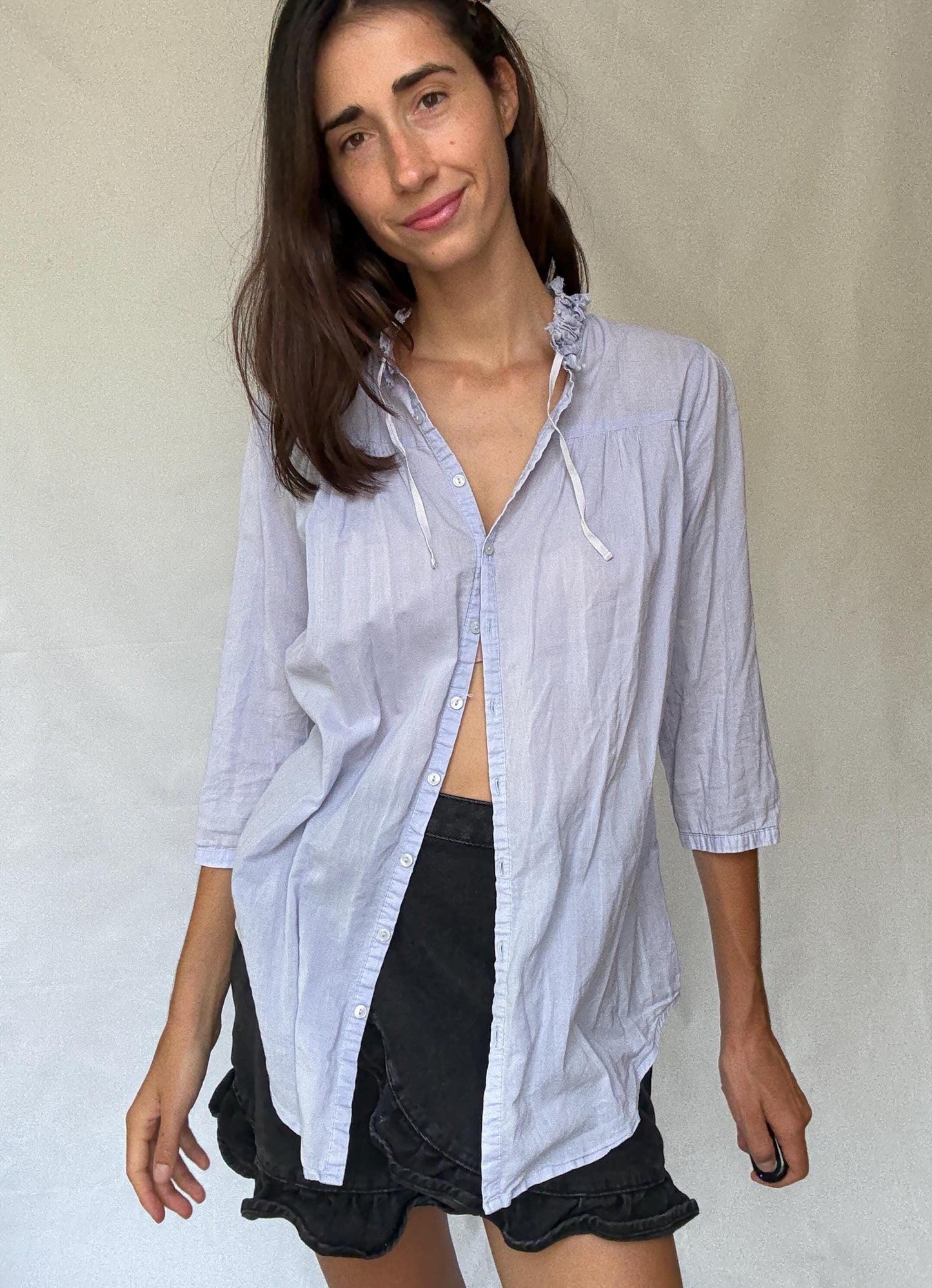 Light blue sheer cotton blouse | tie neckline ruffle detail | summer lightweight shirt | romantic feminine style secondhand top