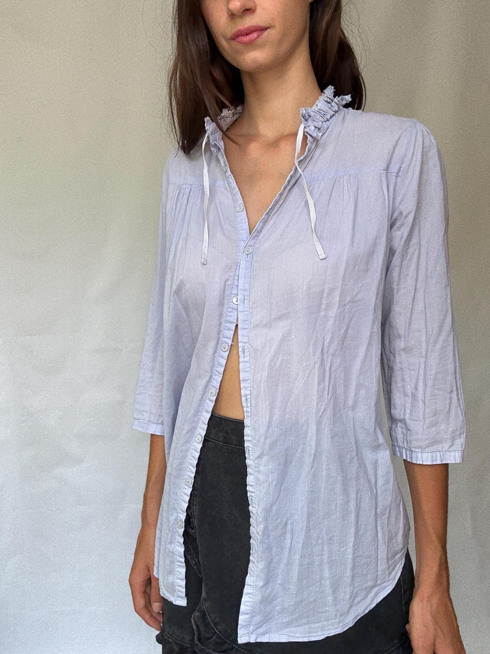 Light blue sheer cotton blouse | tie neckline ruffle detail | summer lightweight shirt | romantic feminine style secondhand top