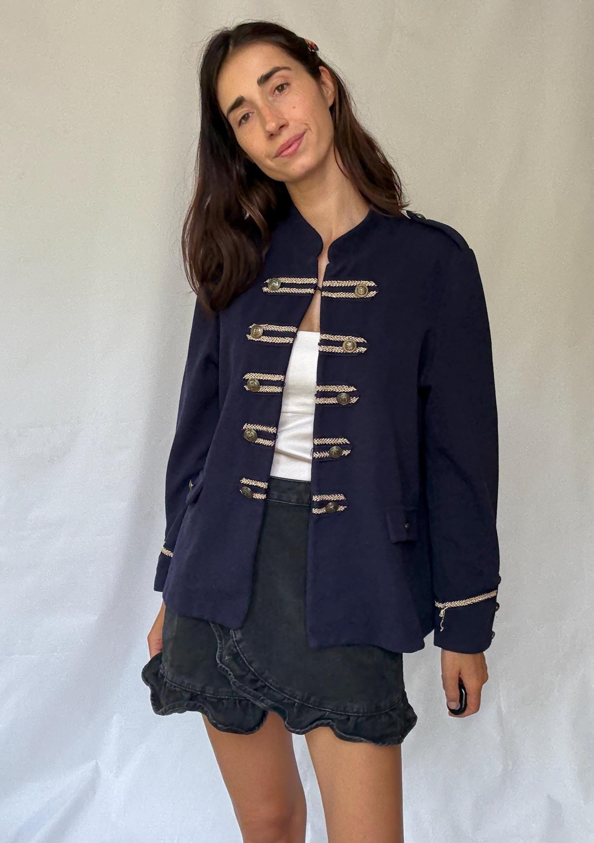 Cortefiel navy military style blazer with gold braid buttons and epaulettes, statement structured piece – dark academia US XL-XXL
