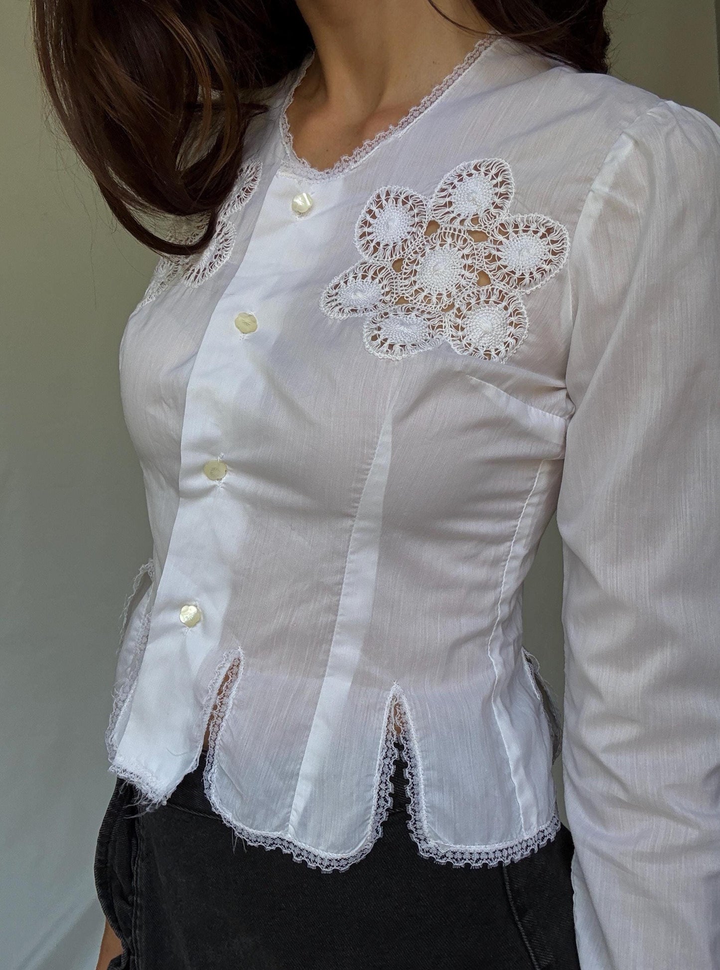 Vintage Canary Islands white handmade crochet embroidered blouse | rare Spanish folklore top | cottagecore romantic history piece, Size XS