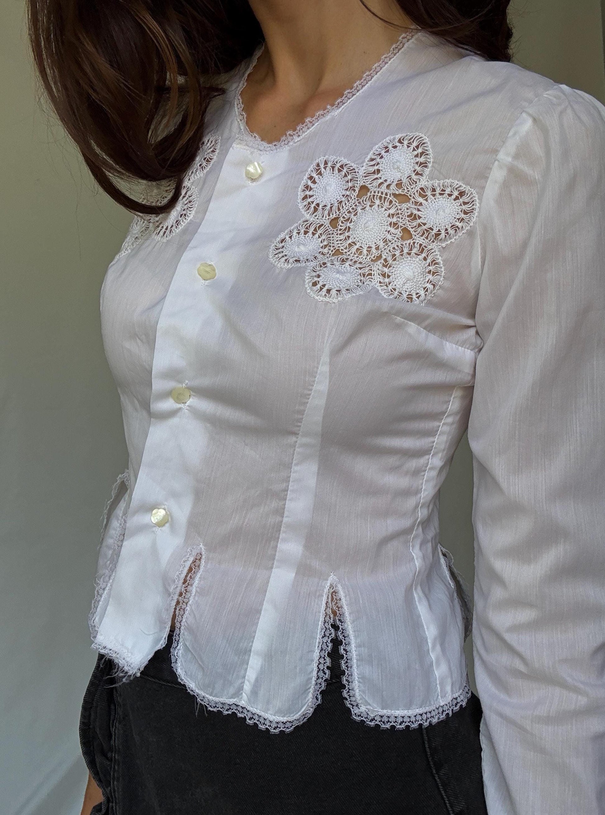 Vintage Canary Islands white handmade crochet embroidered blouse | rare Spanish folklore top | cottagecore romantic history piece, Size XS