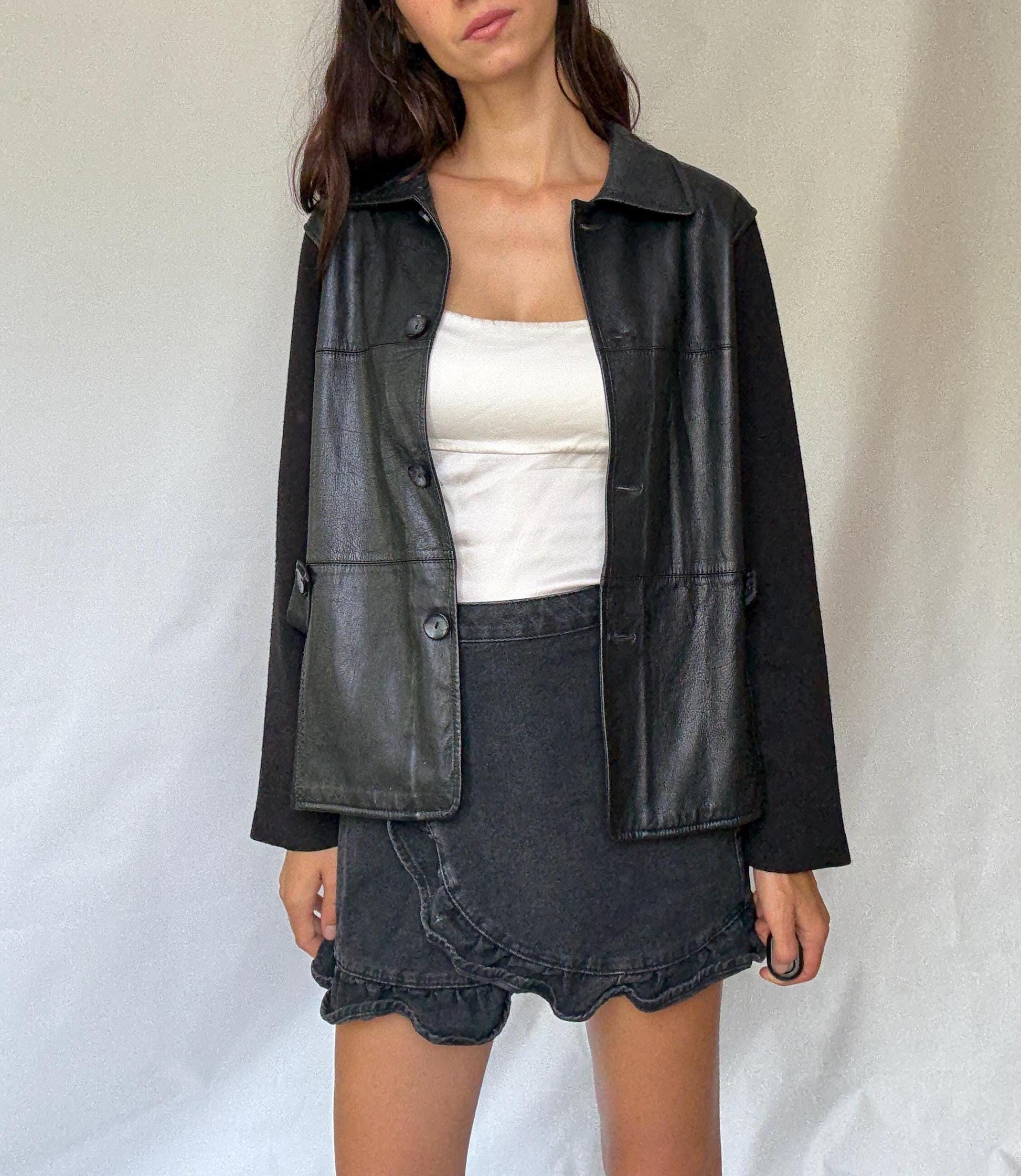 Luxury black leather and wool blend jacket, vintage minimalist style, high quality secondhand outerwear