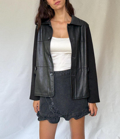 Vintage Minimalist Black Leather Wool Jacket — back view