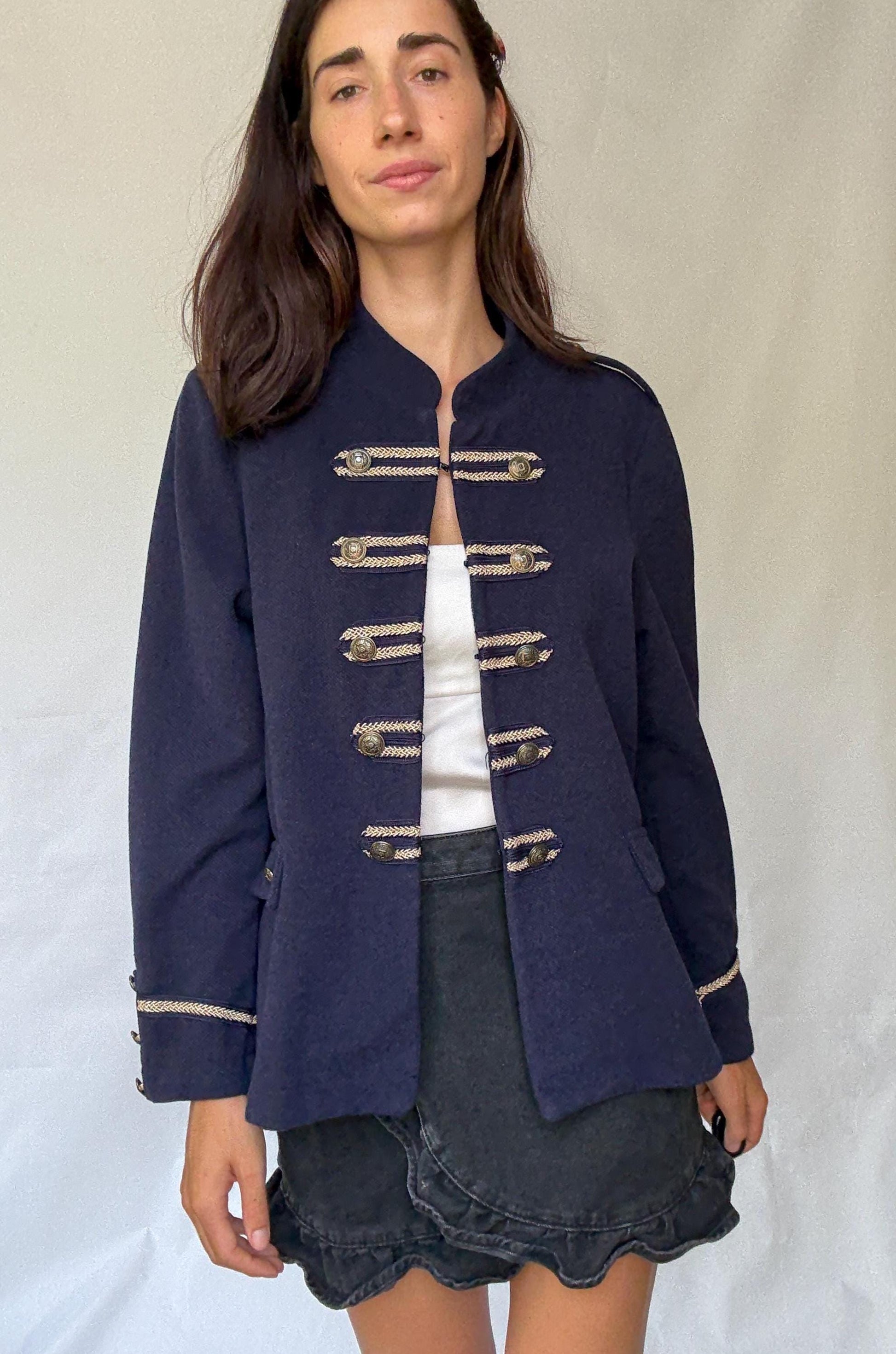 Cortefiel navy military style blazer with gold braid buttons and epaulettes, statement structured piece – dark academia US XL-XXL