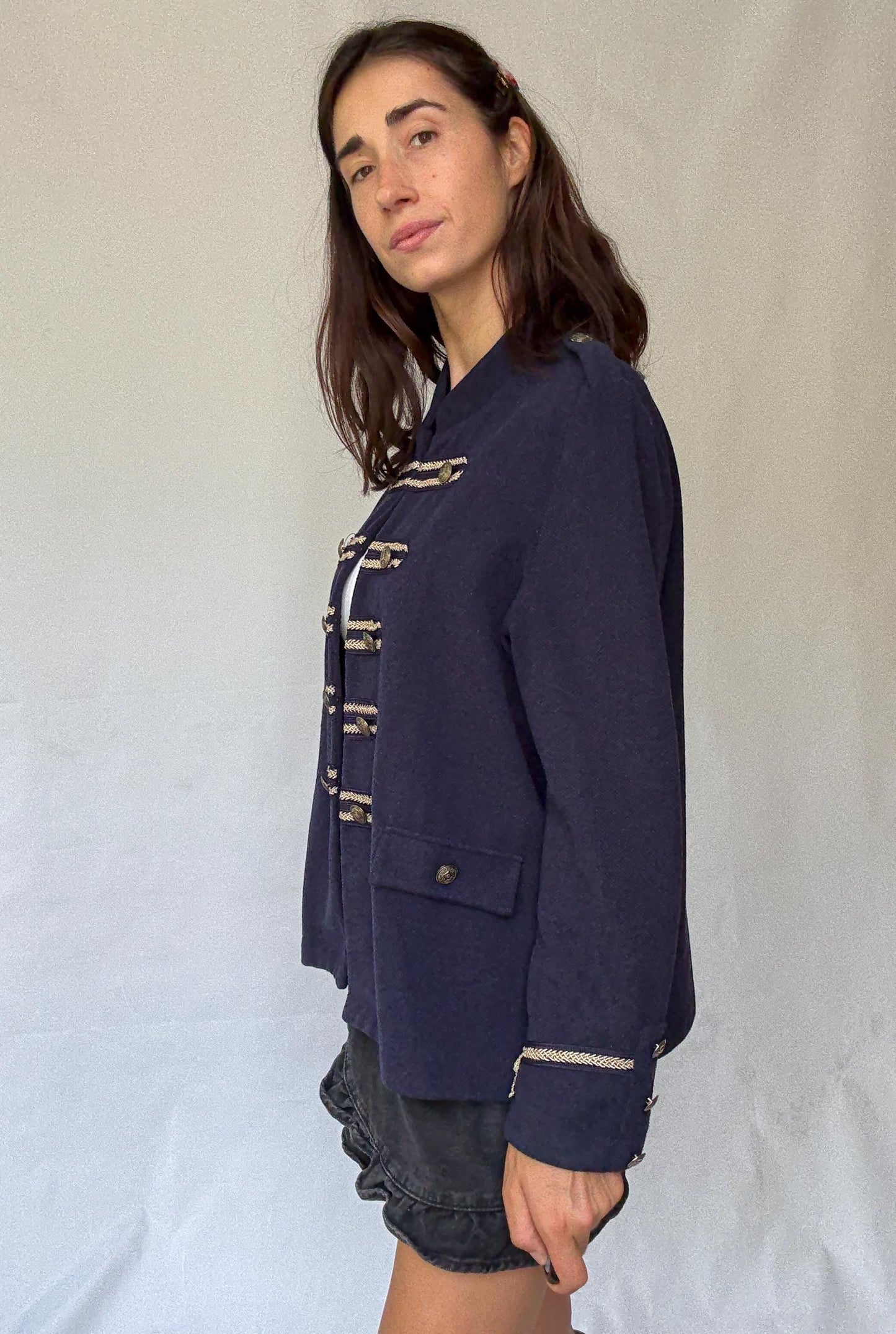 Cortefiel navy military style blazer with gold braid buttons and epaulettes, statement structured piece – dark academia US XL-XXL