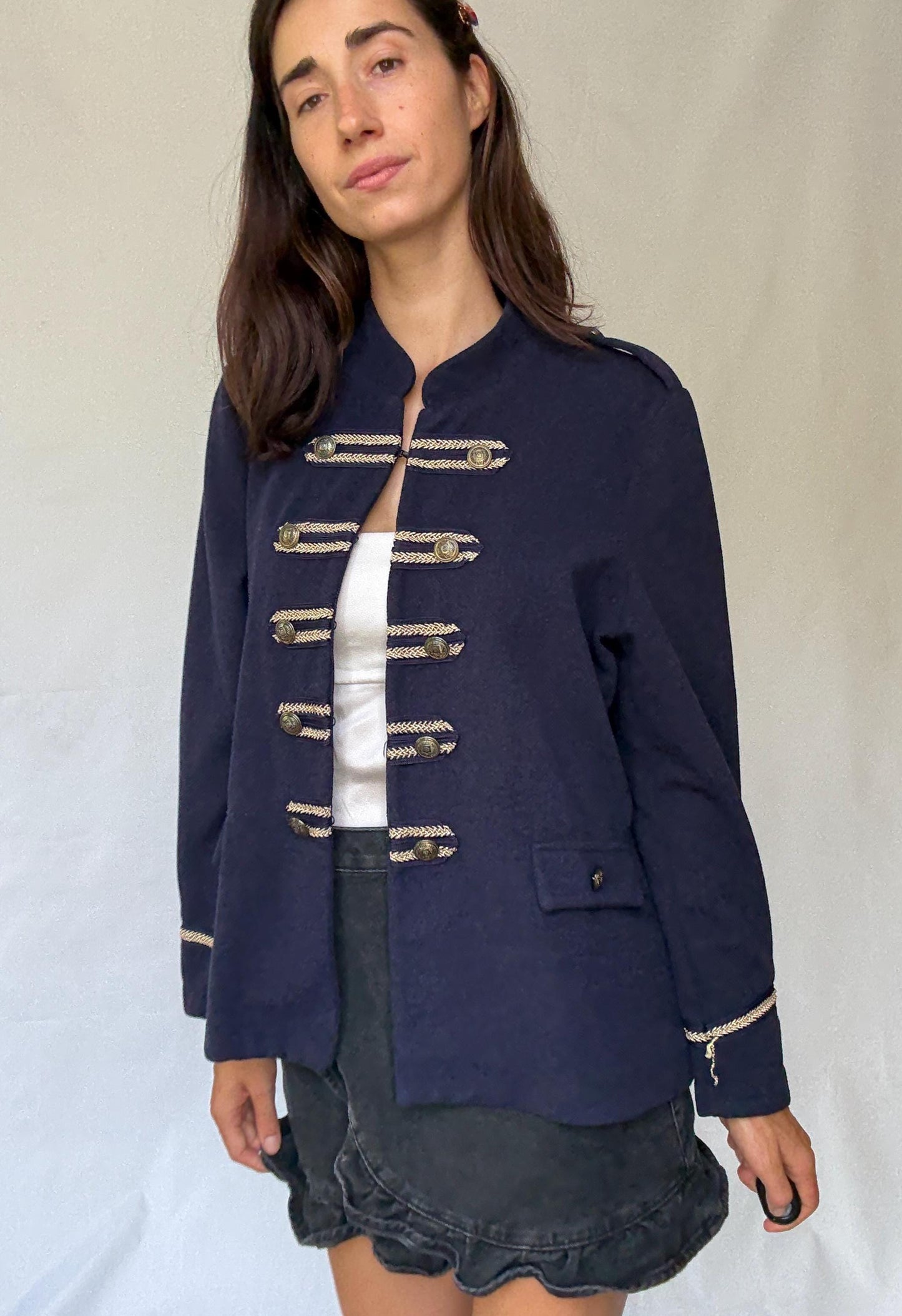 Cortefiel navy military style blazer with gold braid buttons and epaulettes, statement structured piece – dark academia US XL-XXL