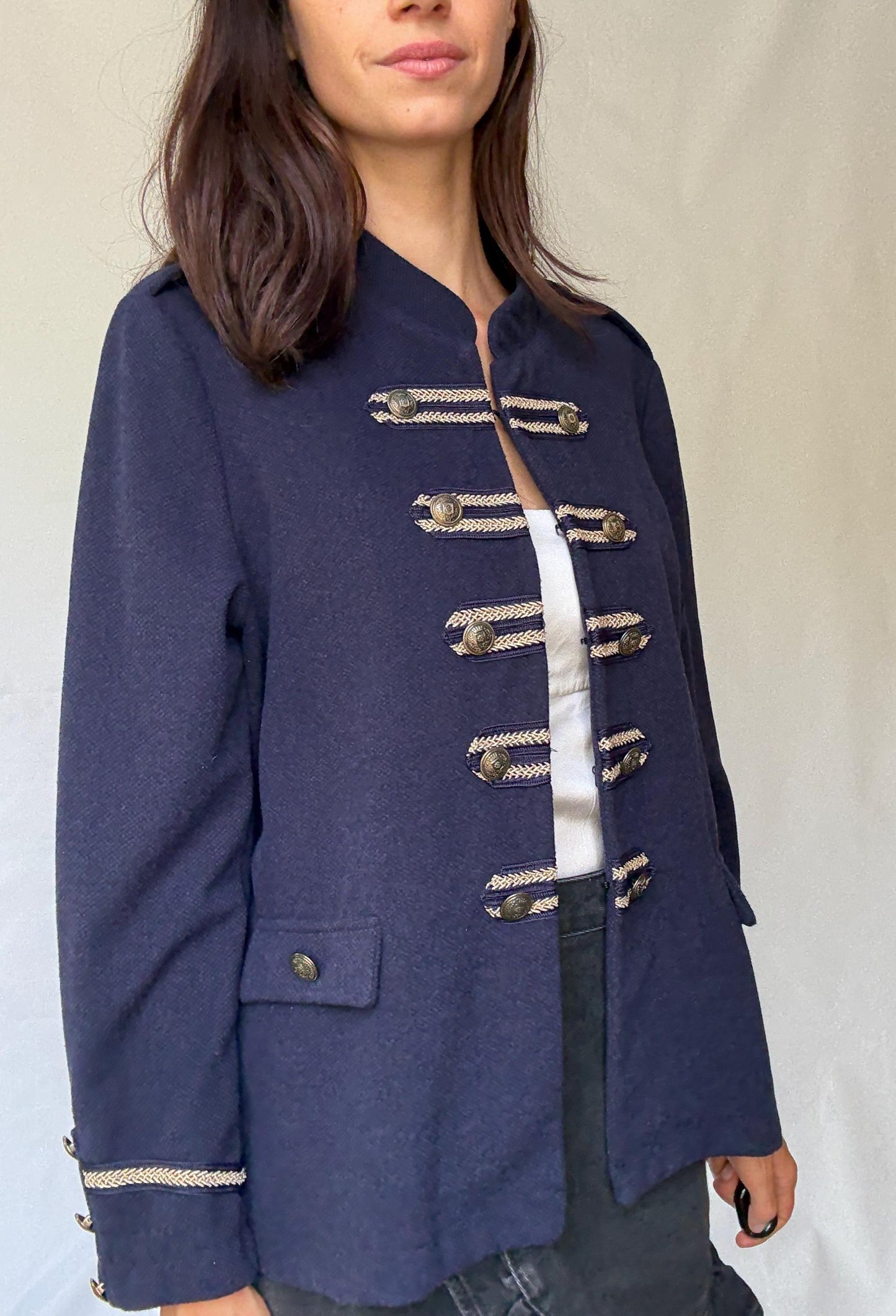 Cortefiel navy military style blazer with gold braid buttons and epaulettes, statement structured piece – dark academia US XL-XXL