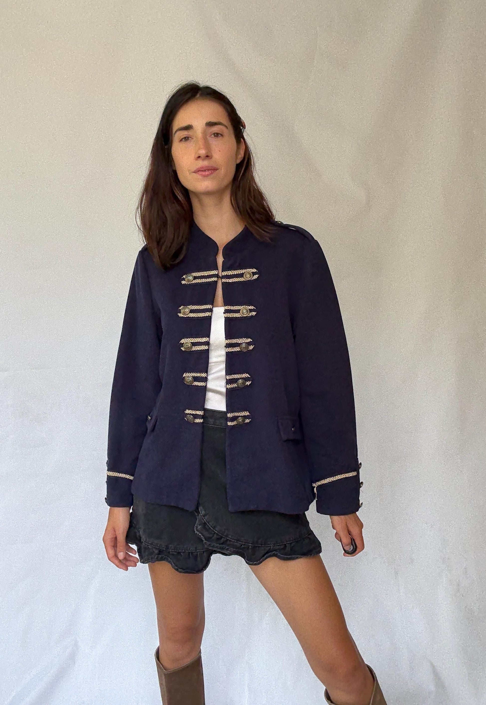 Cortefiel navy military style blazer with gold braid buttons and epaulettes, statement structured piece – dark academia US XL-XXL