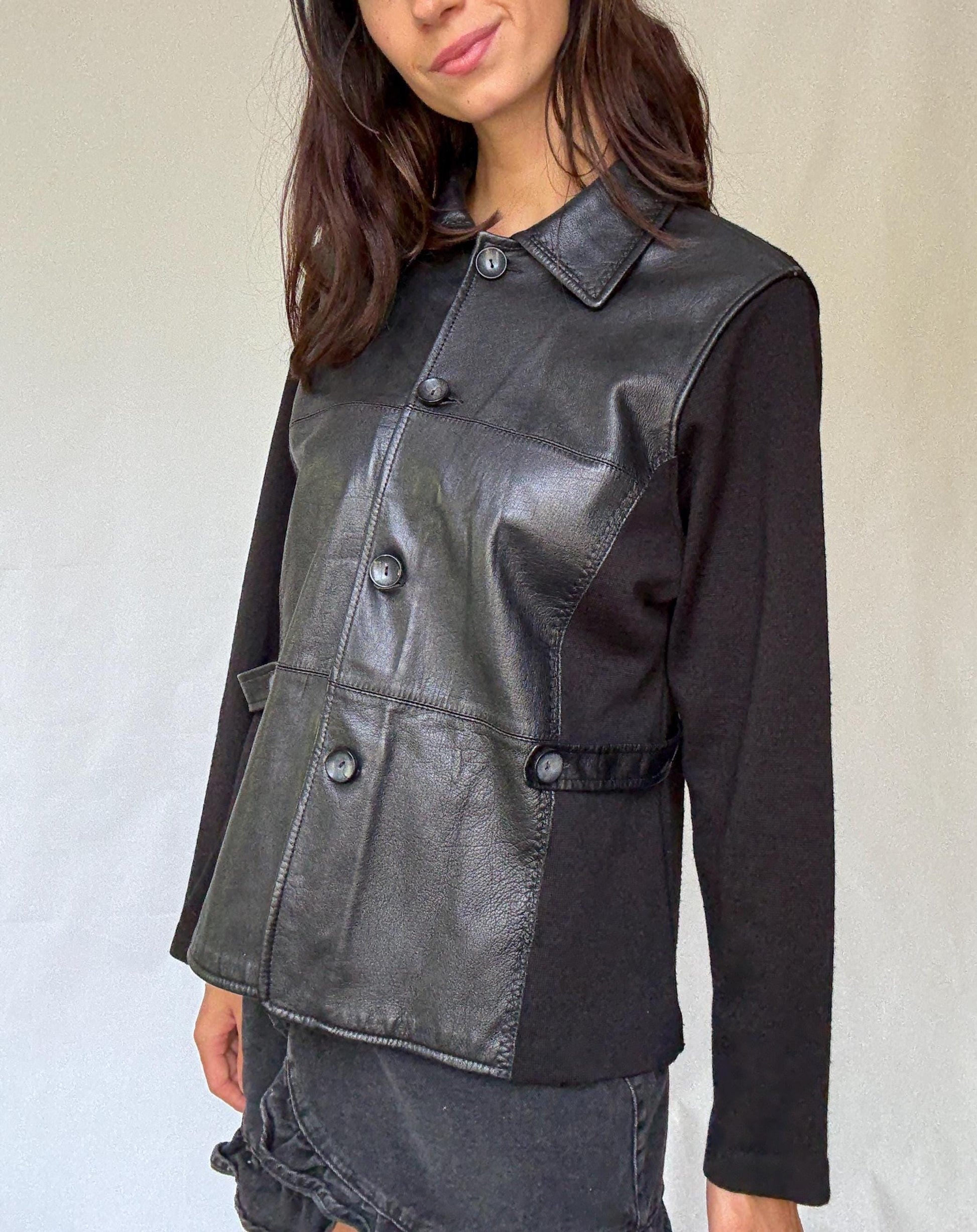 Luxury black leather and wool blend jacket, vintage minimalist style, high quality secondhand outerwear