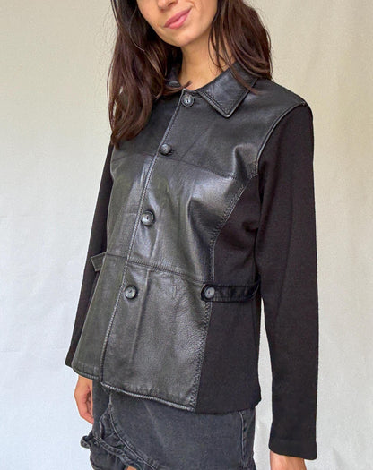 Vintage Minimalist Black Leather Wool Jacket