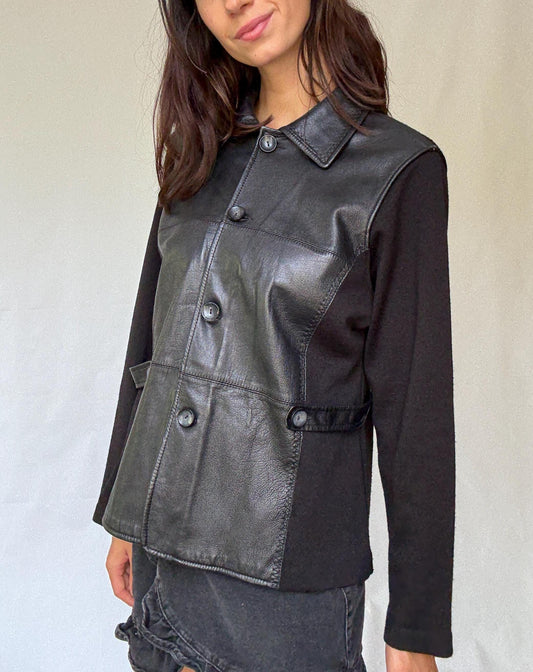 Luxury black leather and wool blend jacket, vintage minimalist style