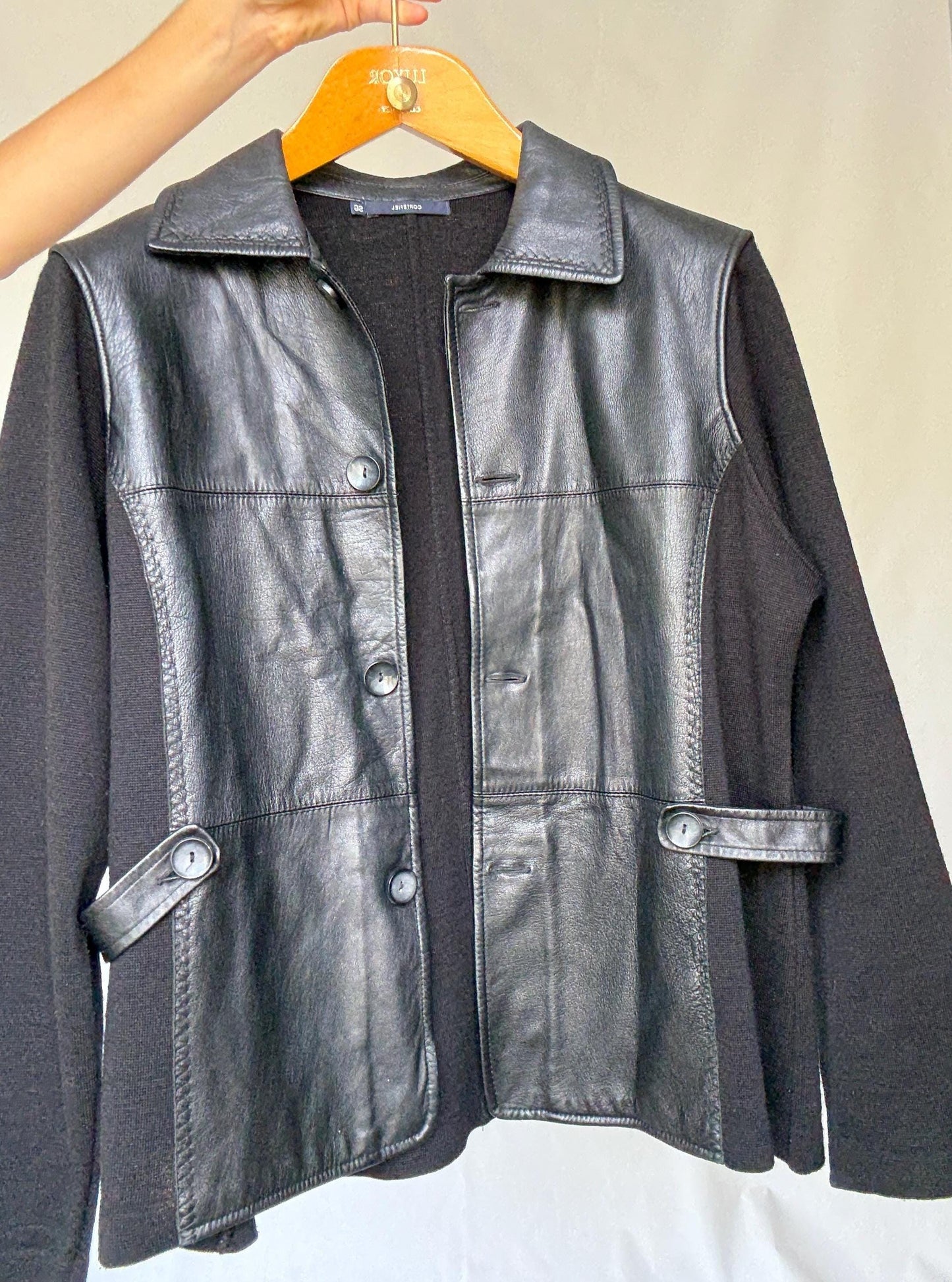 Luxury black leather and wool blend jacket, vintage minimalist style, high quality secondhand outerwear
