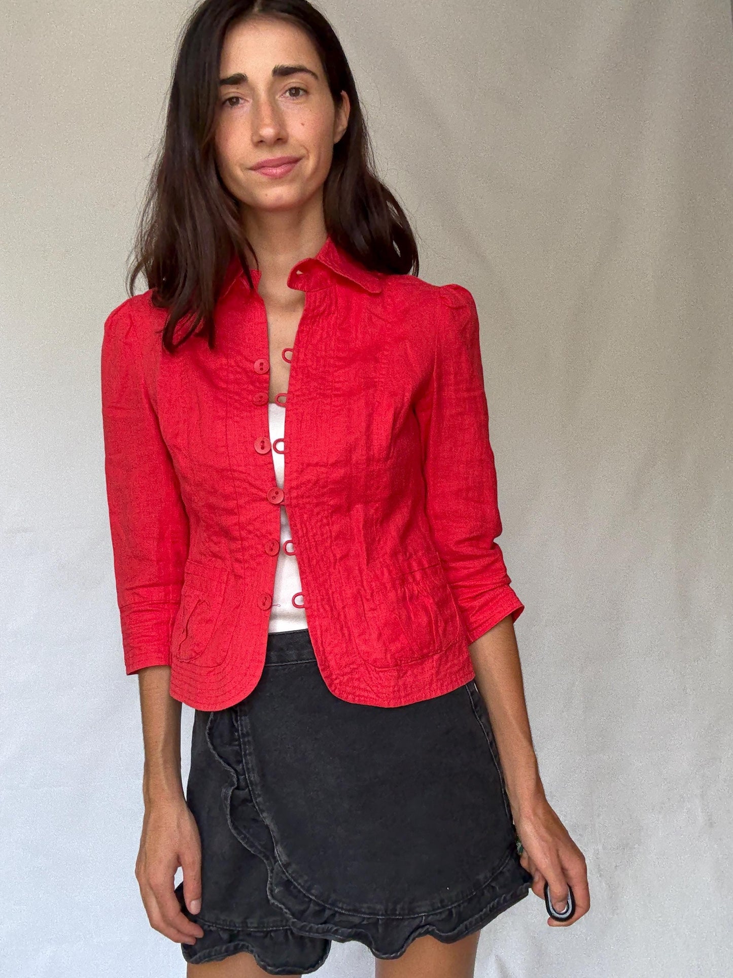 Vibrant red cropped women’s cotton jacket XS-S | Parisian chic streetwear, long sleeve, sequin detail, French fashion aesthetic