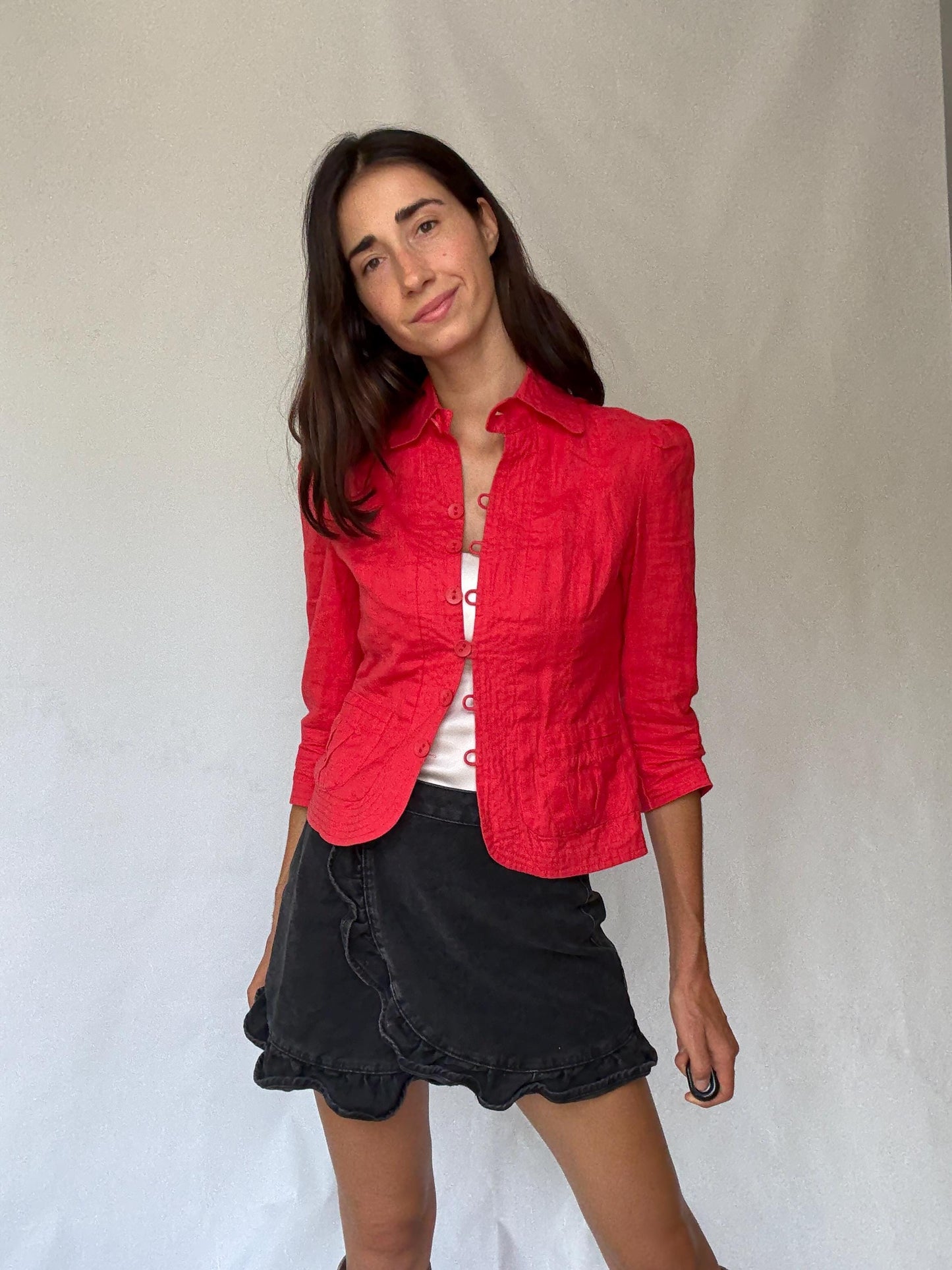 Vibrant red cropped women’s cotton jacket XS-S | Parisian chic streetwear, long sleeve, sequin detail, French fashion aesthetic