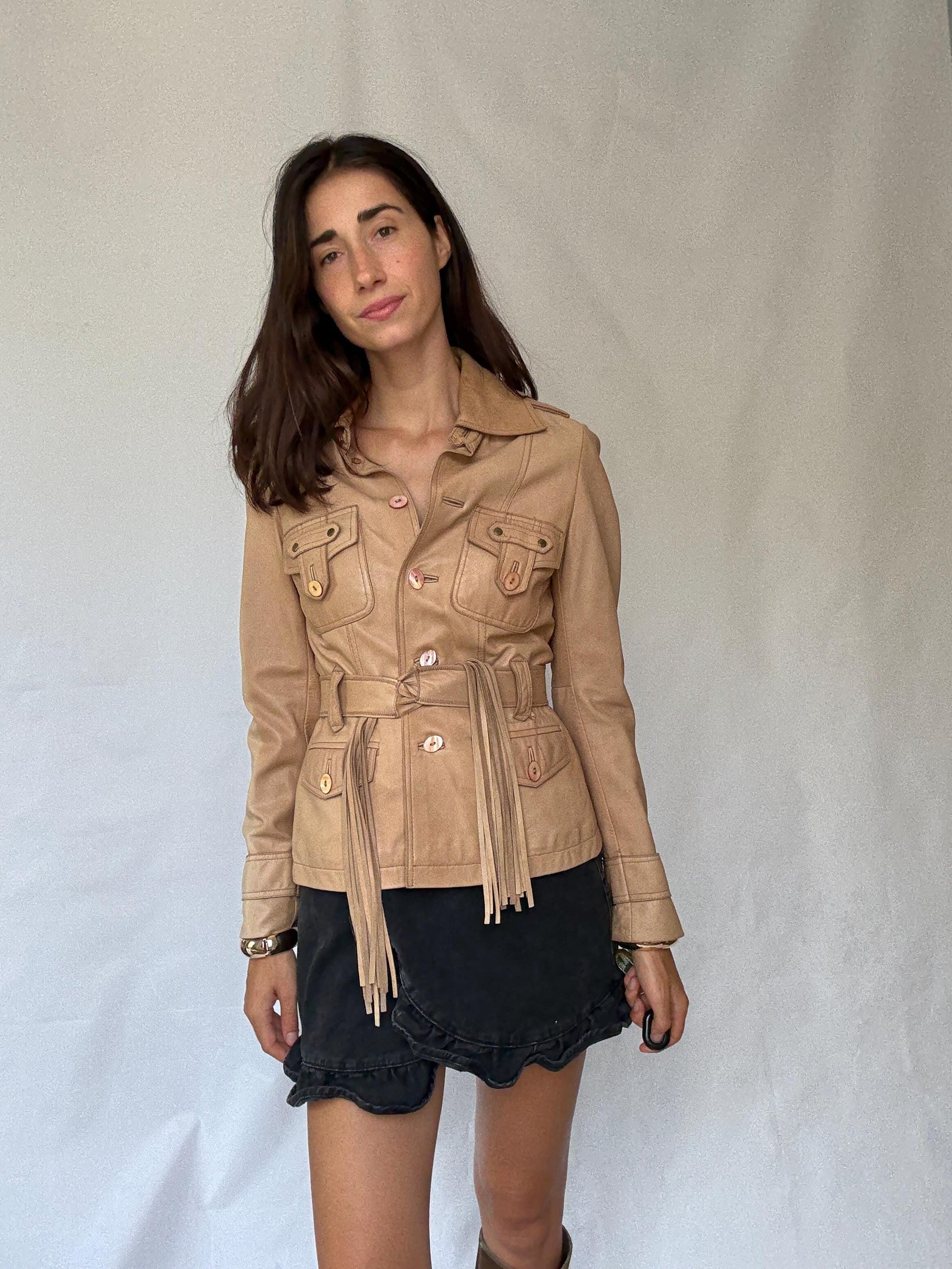 Cortefiel leather jacket S, genuine leather safari jacket, zebra lining fitted blazer, belted fringe tan jacket, western style coat