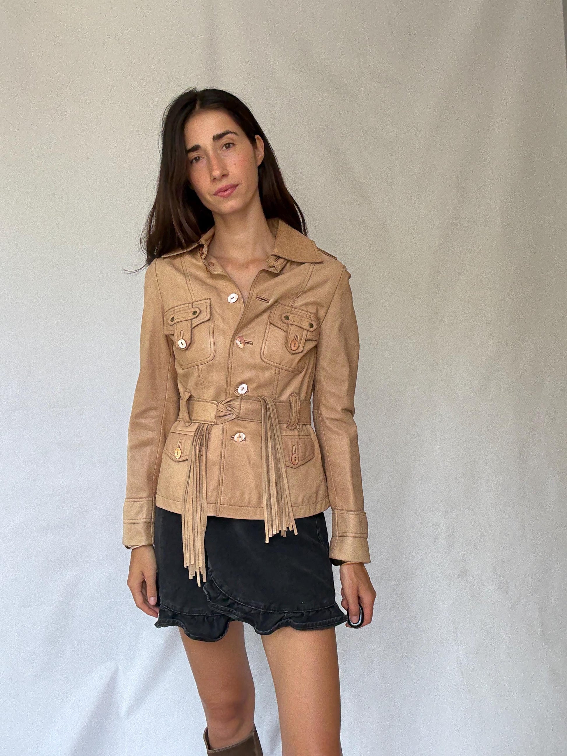 Cortefiel leather jacket S, genuine leather safari jacket, zebra lining fitted blazer, belted fringe tan jacket, western style coat