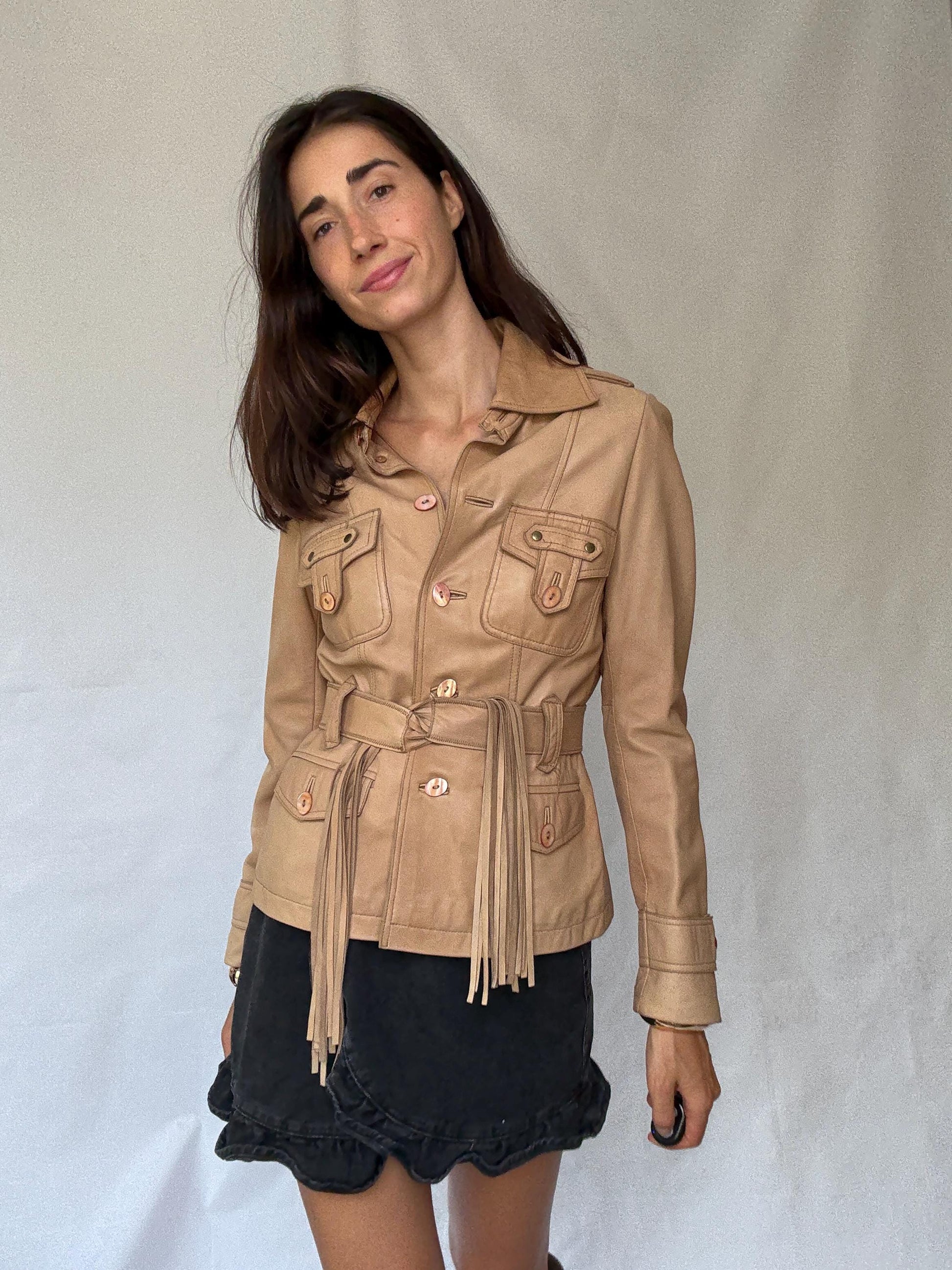 Cortefiel leather jacket S, genuine leather safari jacket, zebra lining fitted blazer, belted fringe tan jacket, western style coat