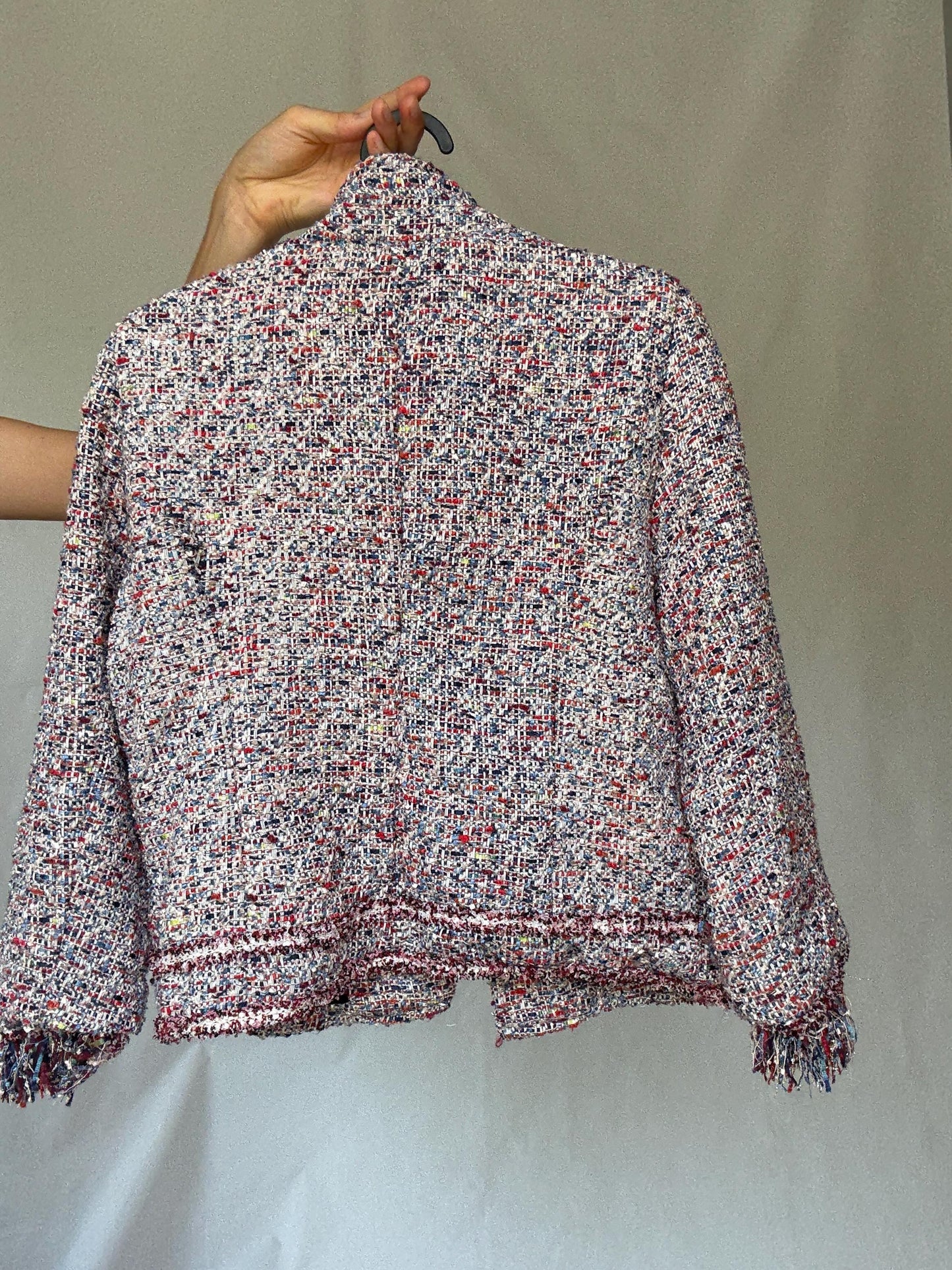 Multicolor tweed pearl button jacket, Size S | Parisian chic cropped blazer style, Jackie Kennedy aesthetic, preppy fashion