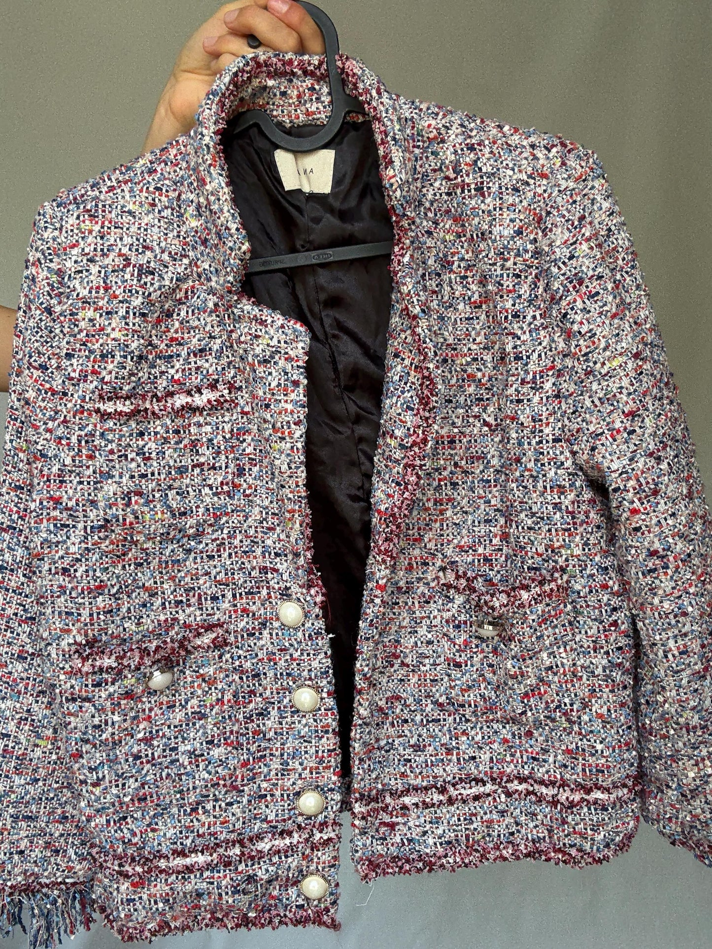 Multicolor tweed pearl button jacket, Size S | Parisian chic cropped blazer style, Jackie Kennedy aesthetic, preppy fashion