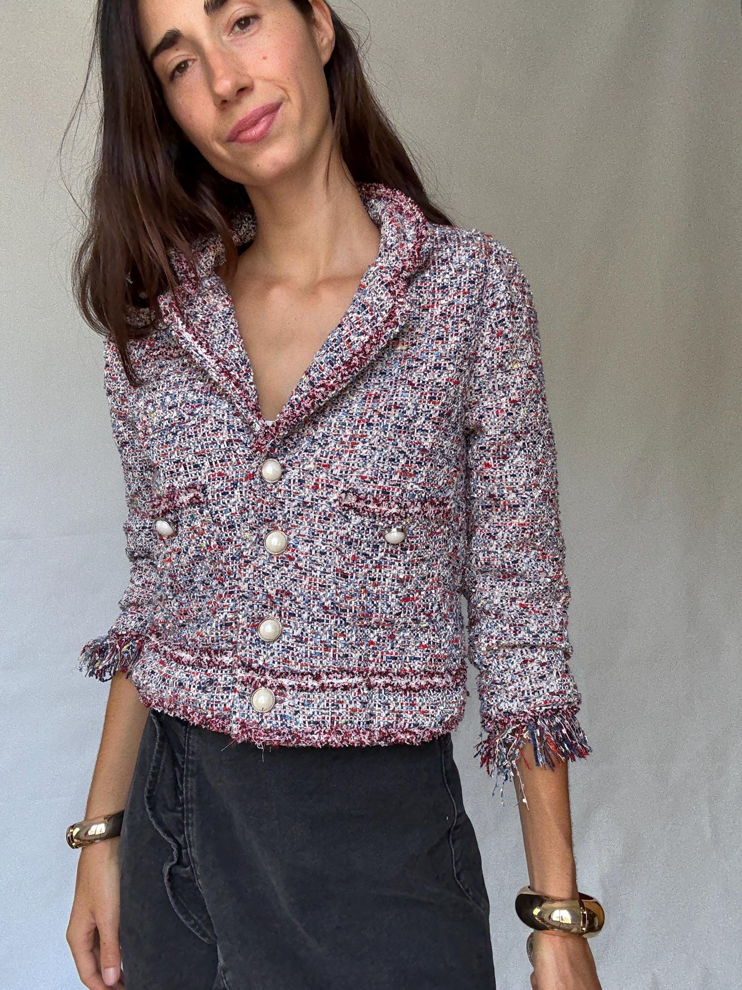 Multicolor tweed pearl button jacket, Size S | Parisian chic cropped blazer style, Jackie Kennedy aesthetic, preppy fashion