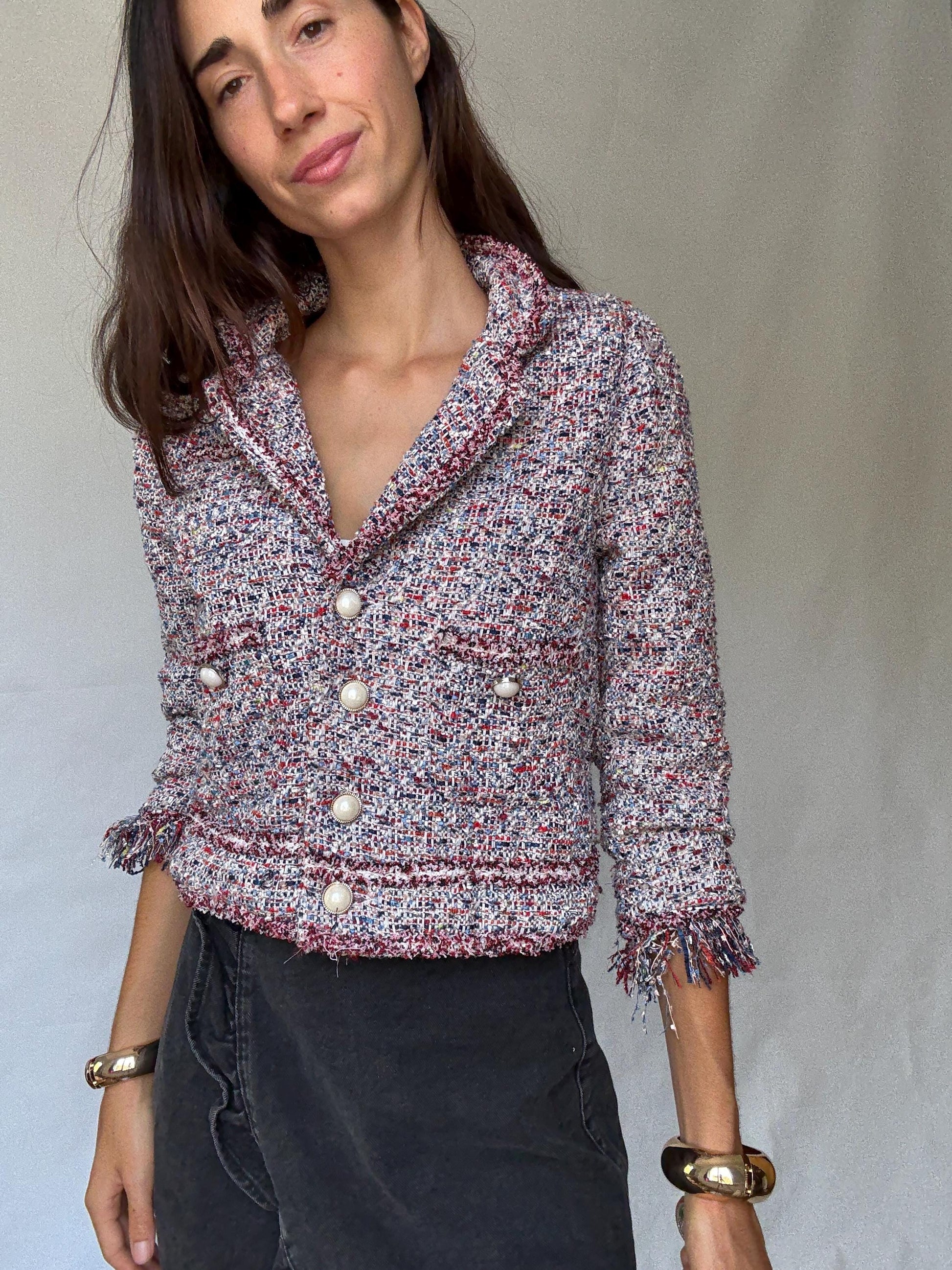 Multicolor tweed pearl button jacket, Size S | Parisian chic cropped blazer style, Jackie Kennedy aesthetic, preppy fashion