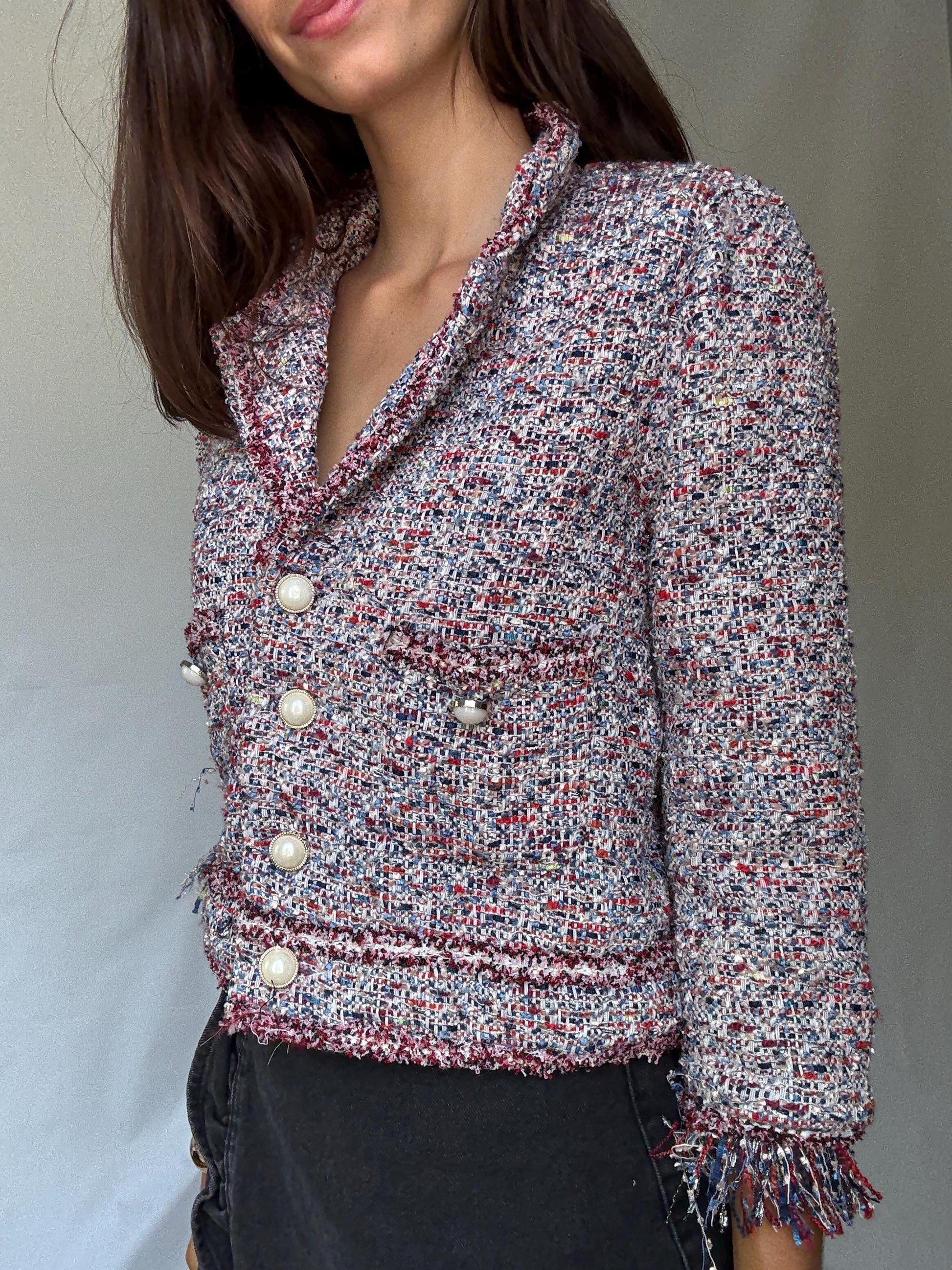 Multicolor tweed pearl button jacket, Size S | Parisian chic cropped blazer style, Jackie Kennedy aesthetic, preppy fashion