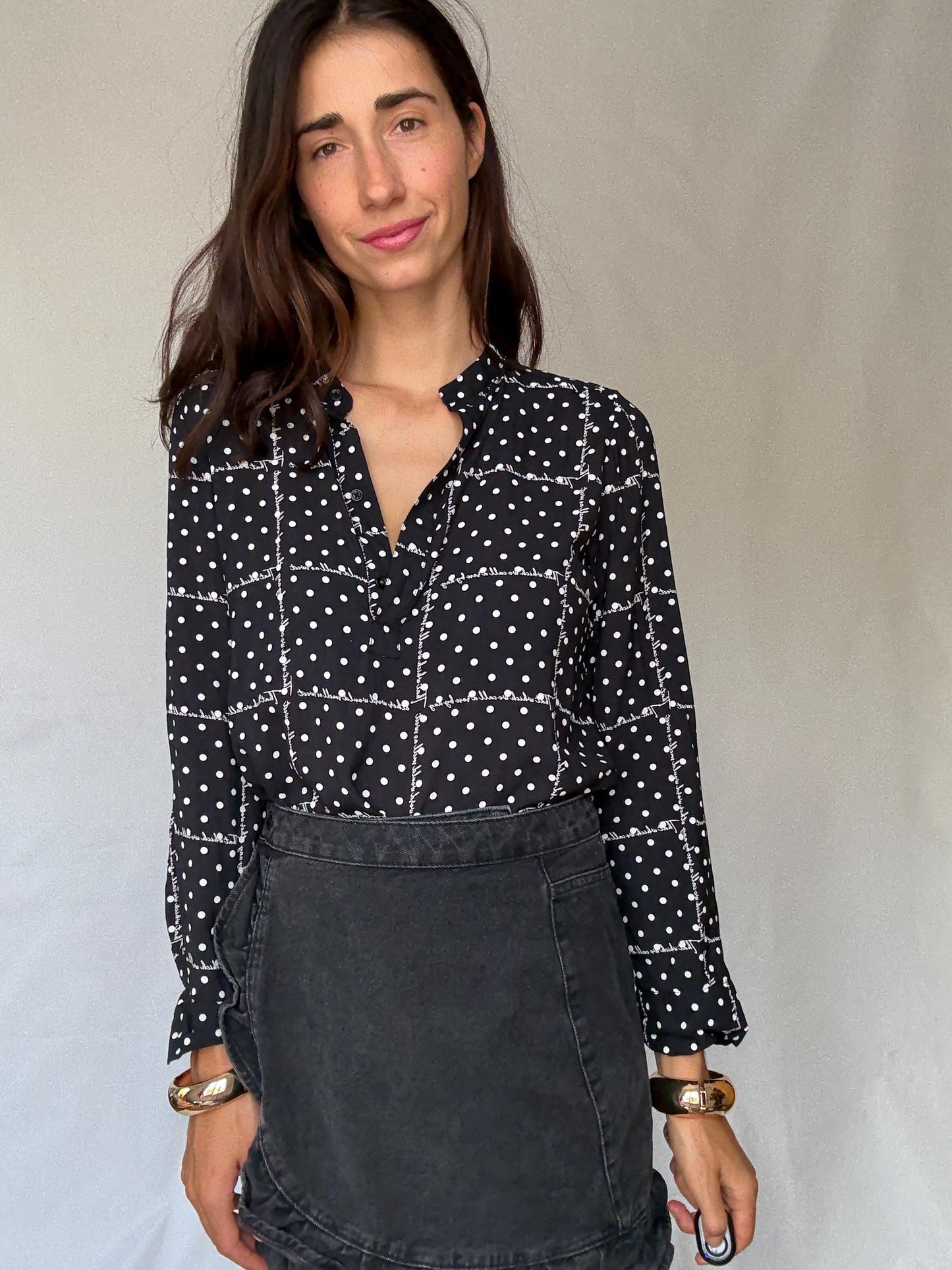 Black and white 100% modal blouse S with roll-up sleeves, preppy lightweight shirt, dot grid top, soft Benetton casual office style