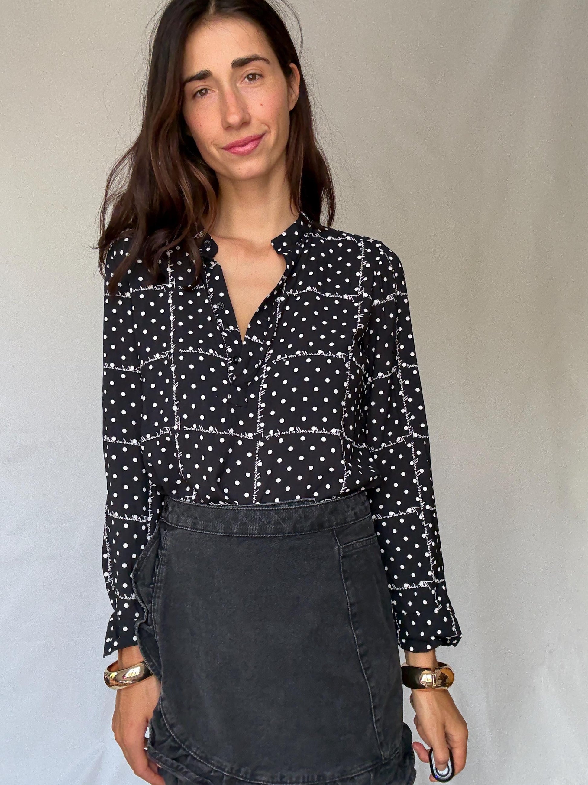 Black and white 100% modal blouse S with roll-up sleeves, preppy lightweight shirt, dot grid top, soft Benetton casual office style