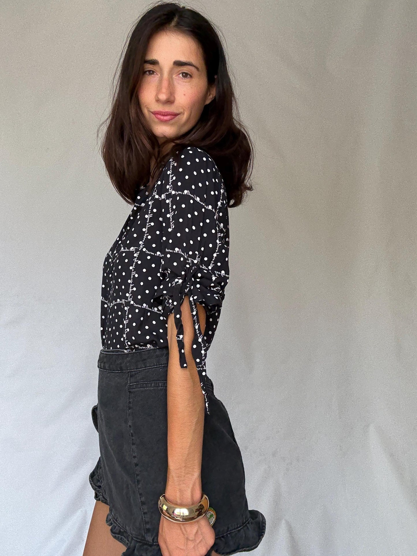 Black and white 100% modal blouse S with roll-up sleeves, preppy lightweight shirt, dot grid top, soft Benetton casual office style