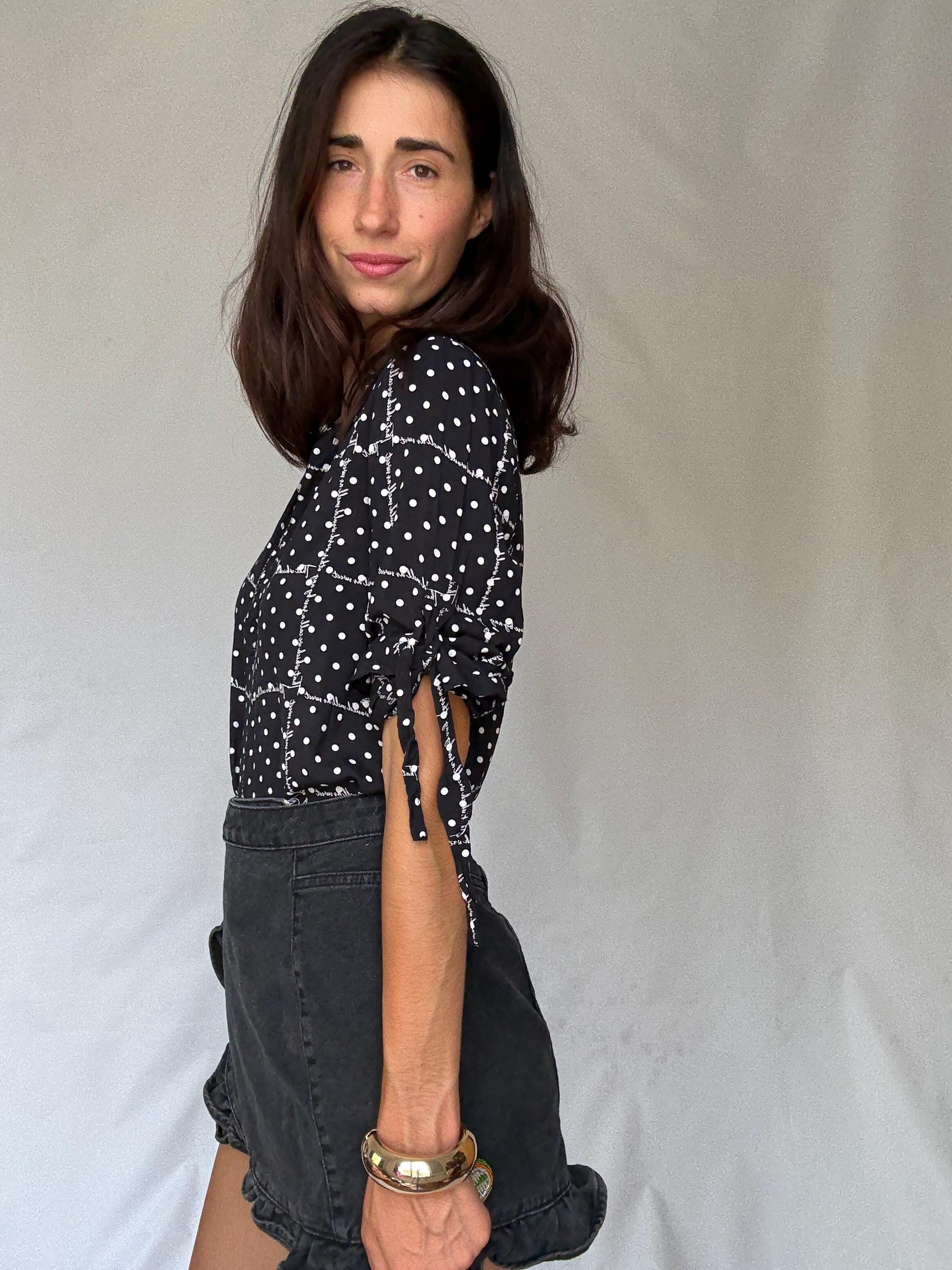 Black and white 100% modal blouse S with roll-up sleeves, preppy lightweight shirt, dot grid top, soft Benetton casual office style