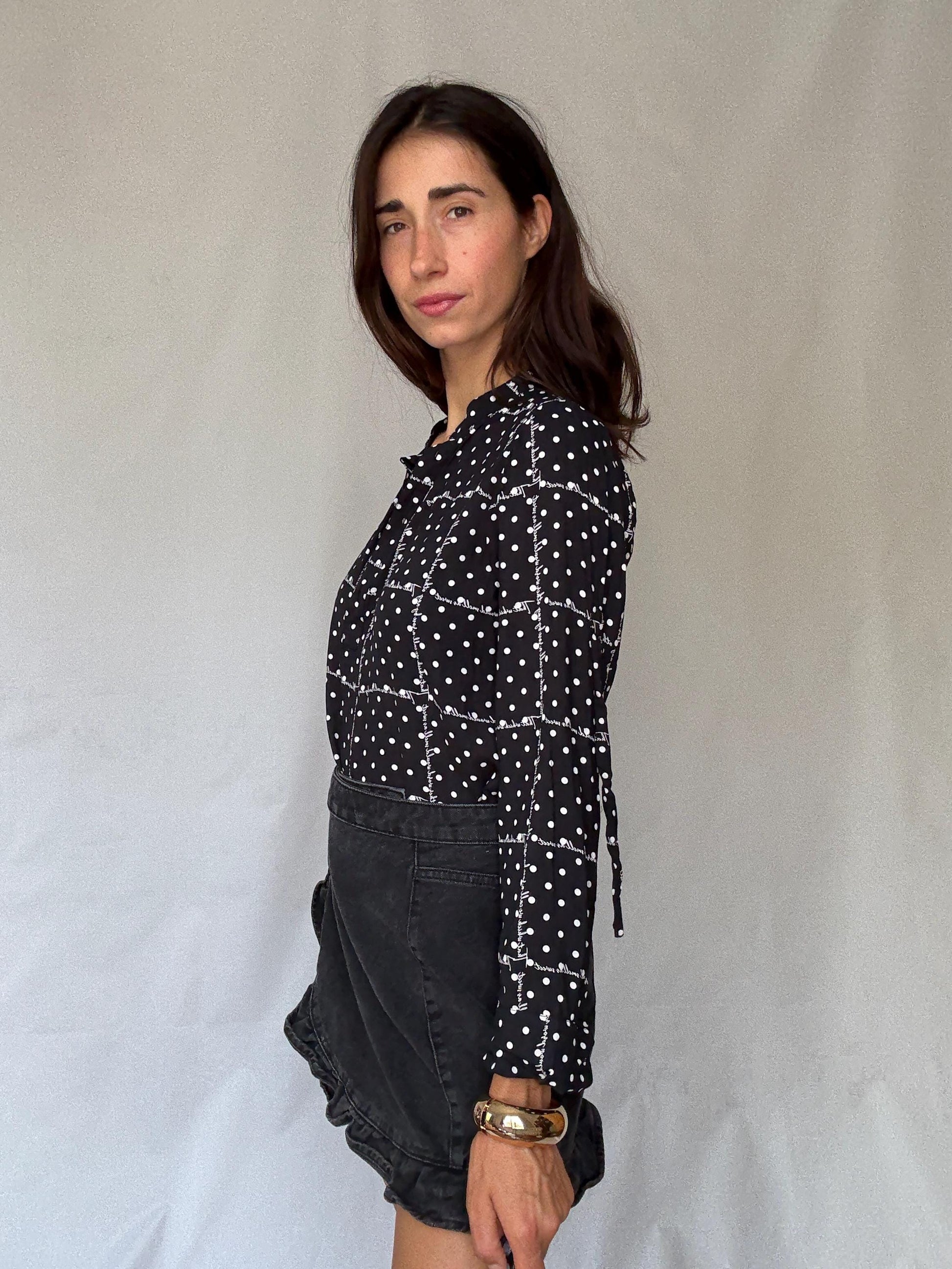 Black and white 100% modal blouse S with roll-up sleeves, preppy lightweight shirt, dot grid top, soft Benetton casual office style