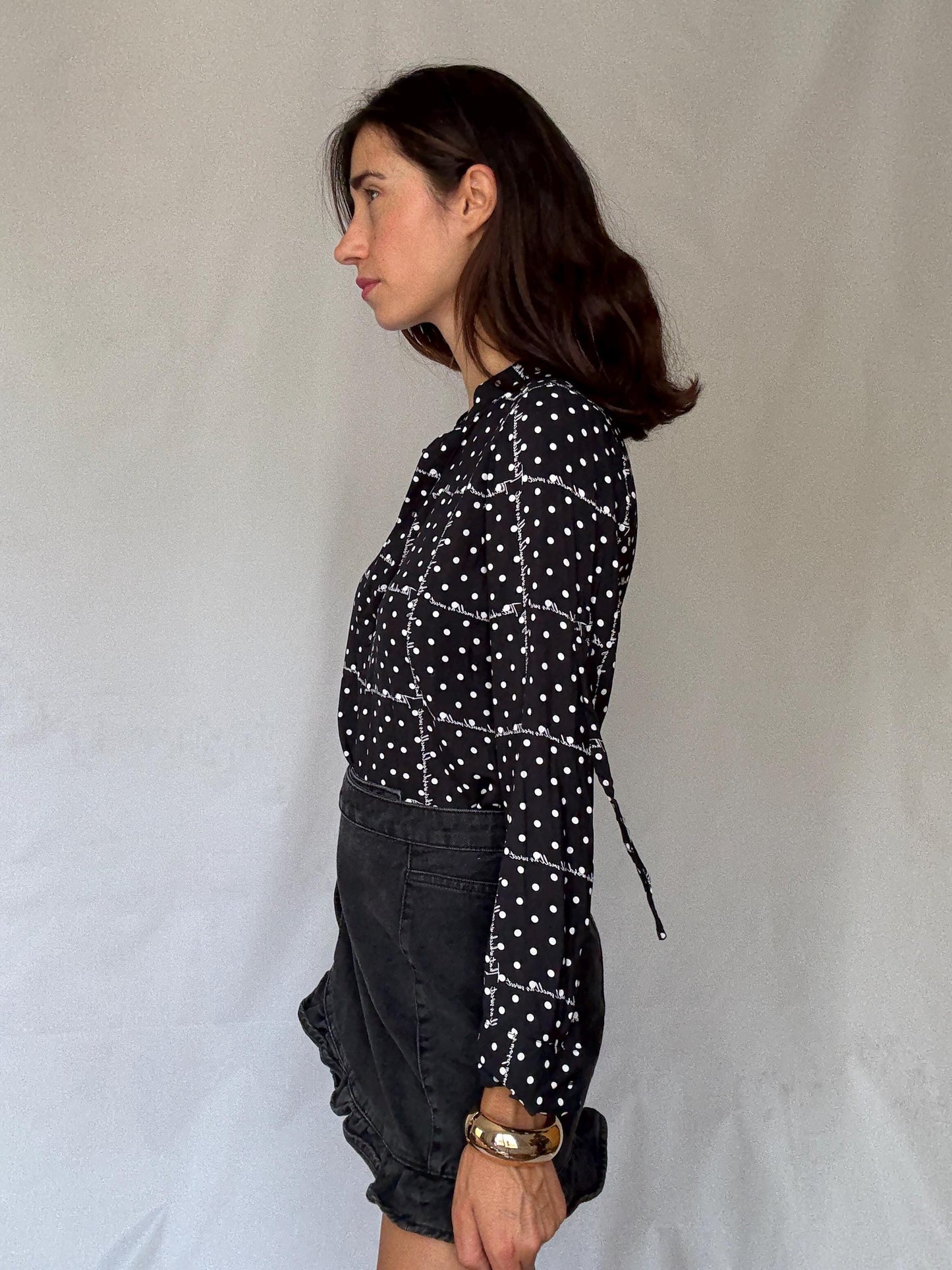 Black and white 100% modal blouse S with roll-up sleeves, preppy lightweight shirt, dot grid top, soft Benetton casual office style