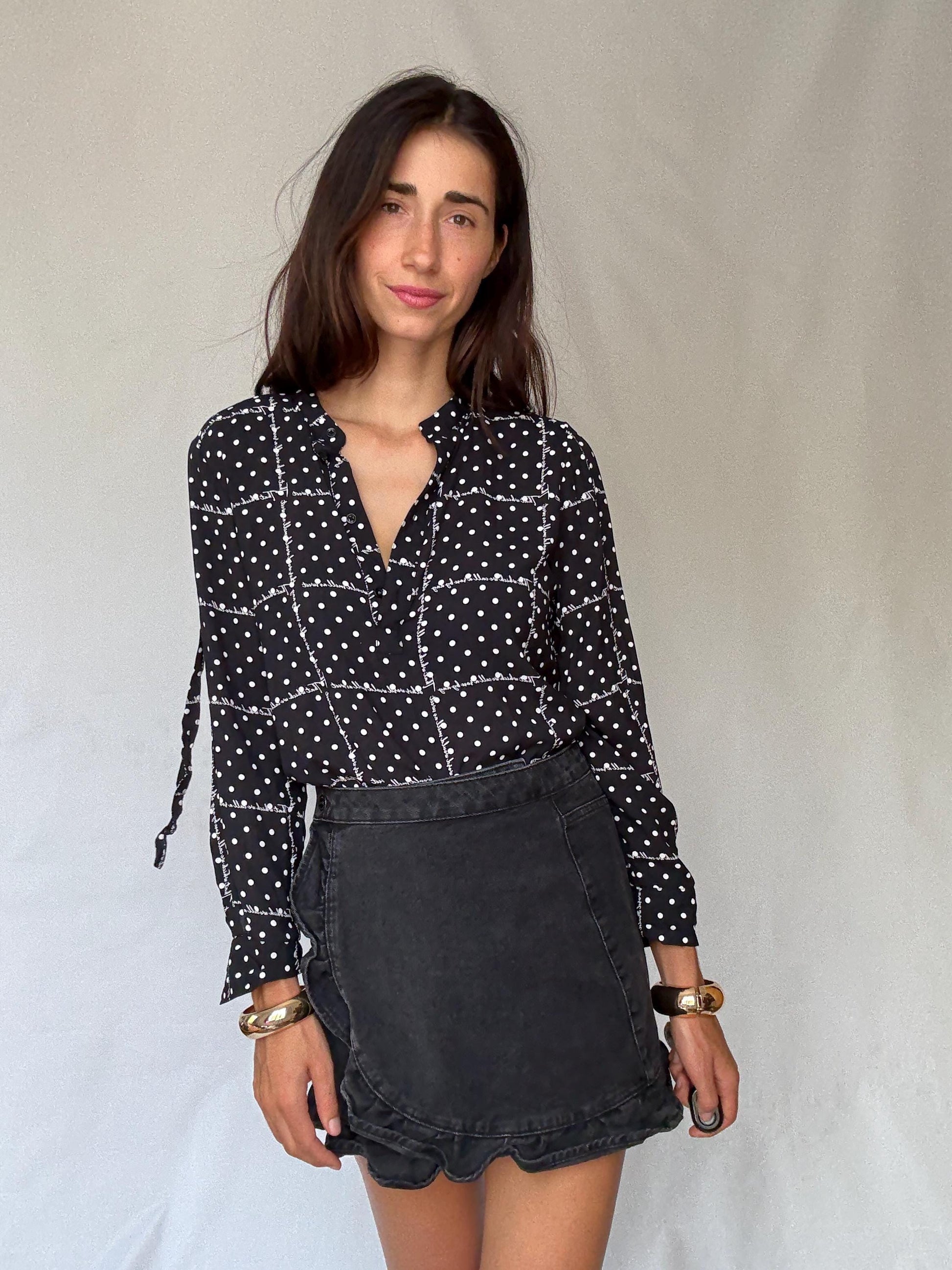 Black and white 100% modal blouse S with roll-up sleeves, preppy lightweight shirt, dot grid top, soft Benetton casual office style