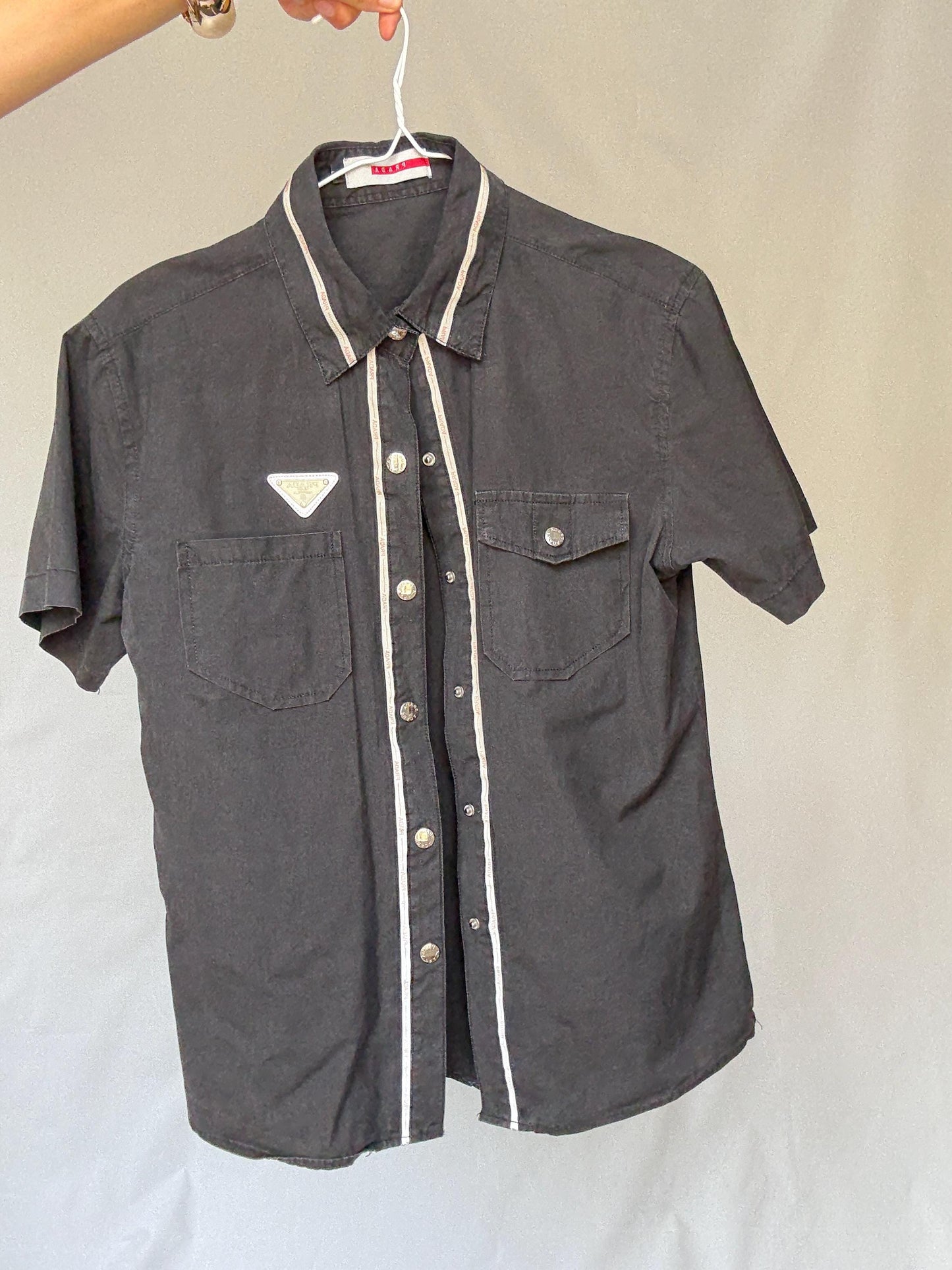 Vintage Prada black short sleeve shirt L | 100% cotton logo trim blouse, Y2K runway style, unisex streetwear luxury top