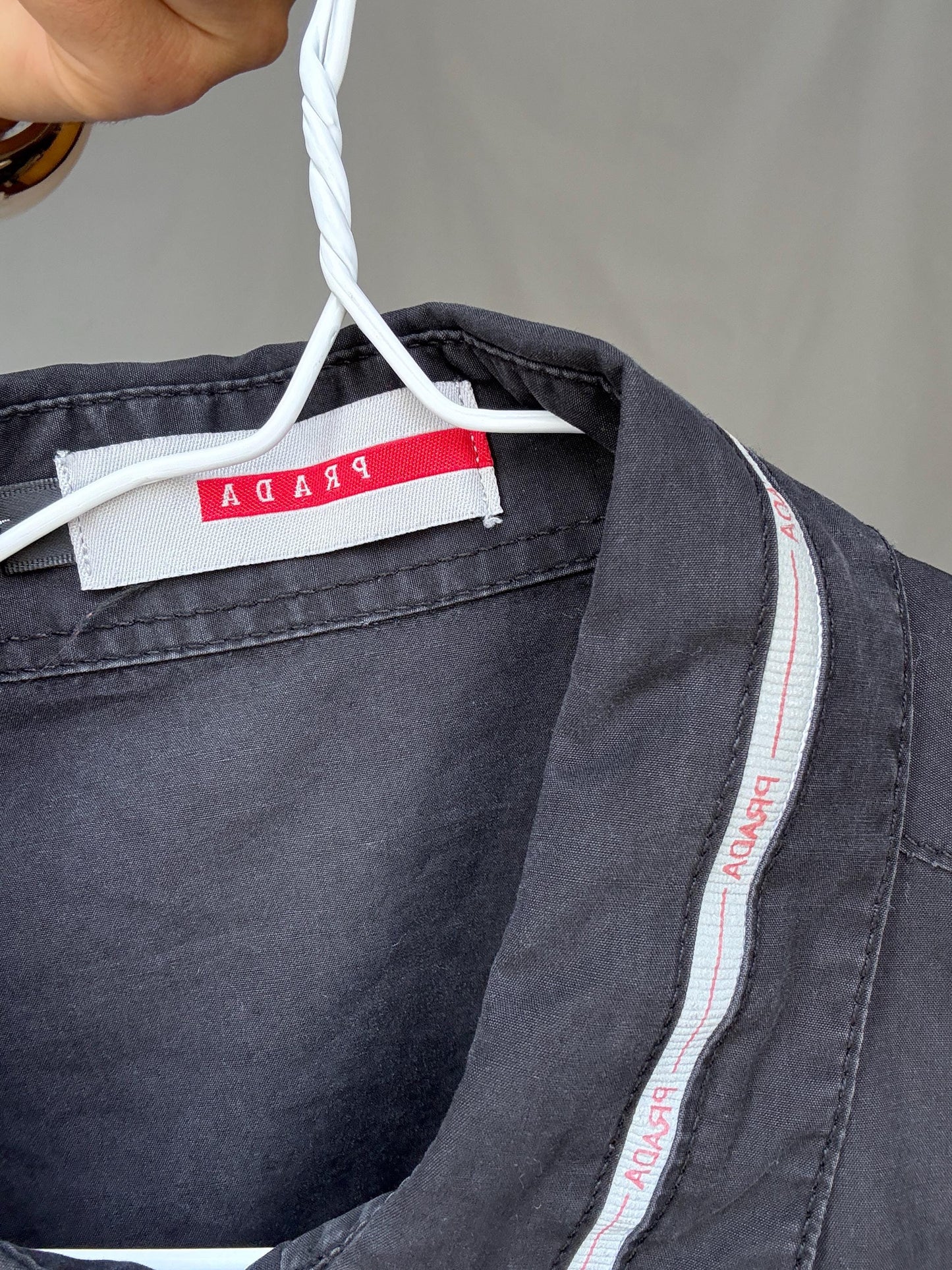 Vintage Prada black short sleeve shirt L | 100% cotton logo trim blouse, Y2K runway style, unisex streetwear luxury top