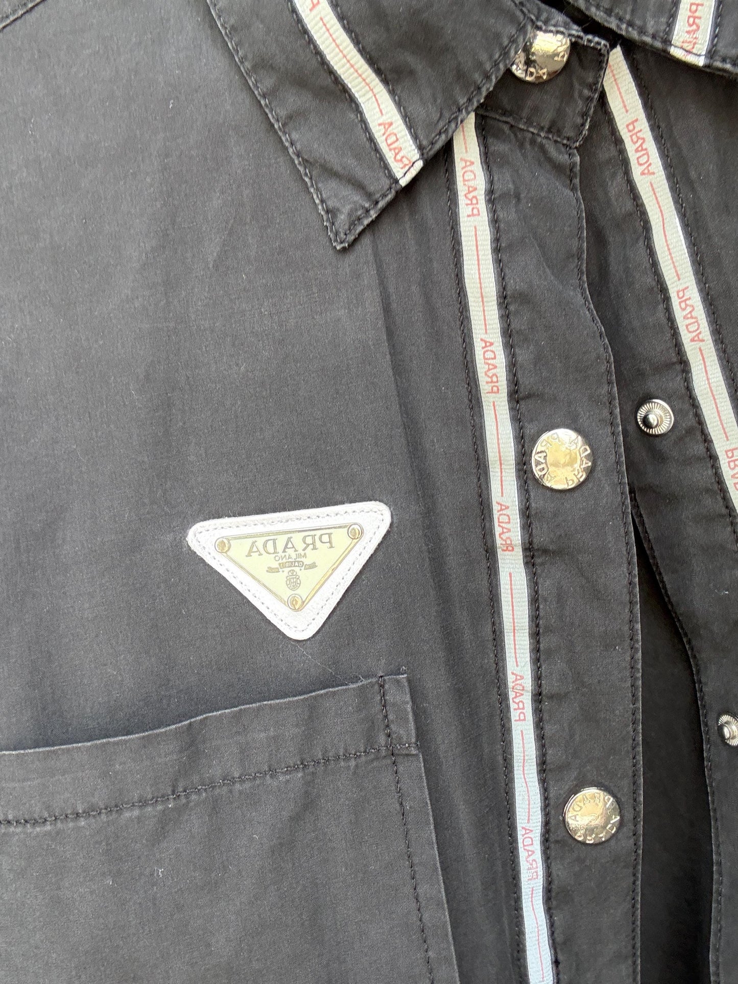 Vintage Prada black short sleeve shirt L | 100% cotton logo trim blouse, Y2K runway style, unisex streetwear luxury top