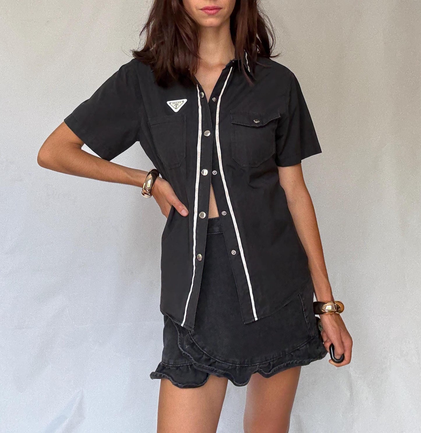 Vintage Prada black short sleeve shirt L | 100% cotton logo trim blouse, Y2K runway style, unisex streetwear luxury top