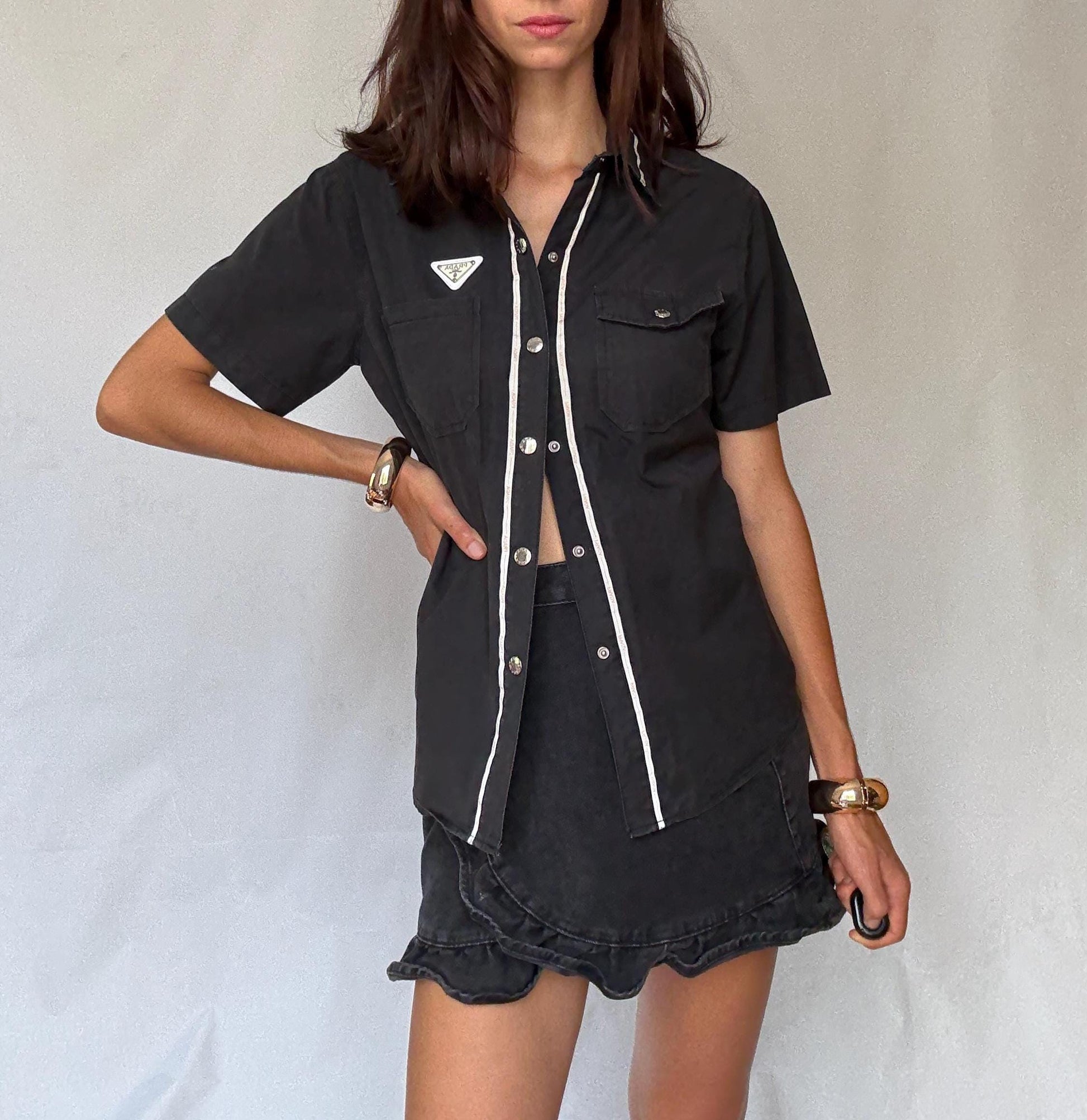 Vintage Prada black short sleeve shirt L | 100% cotton logo trim blouse, Y2K runway style, unisex streetwear luxury top