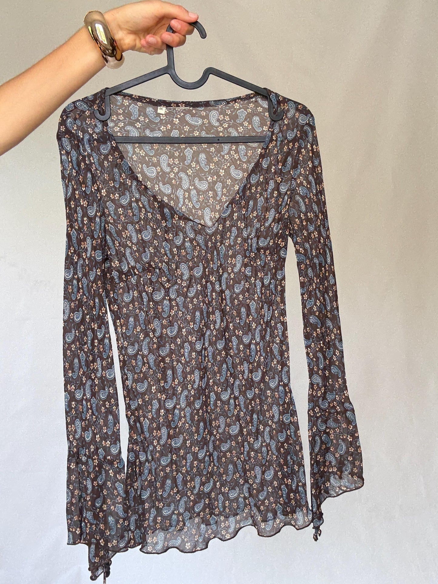 Sheer brown paisley floral blouse | 100% viscose long sleeve tie front top, 90s boho indie style, Made in Spain romantic shirt