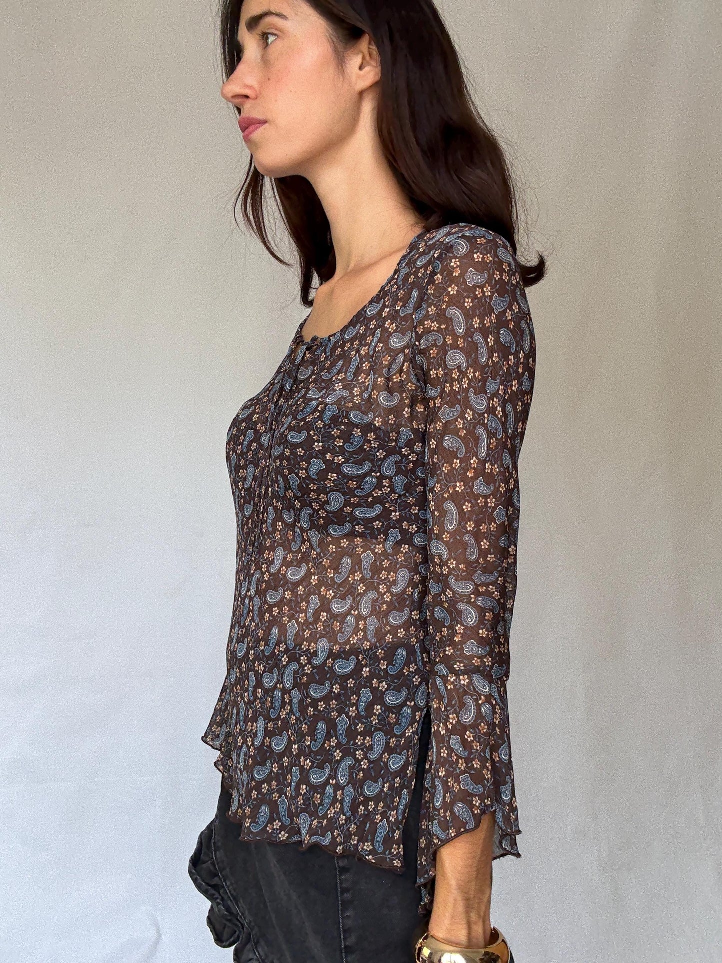 Sheer brown paisley floral blouse | 100% viscose long sleeve tie front top, 90s boho indie style, Made in Spain romantic shirt
