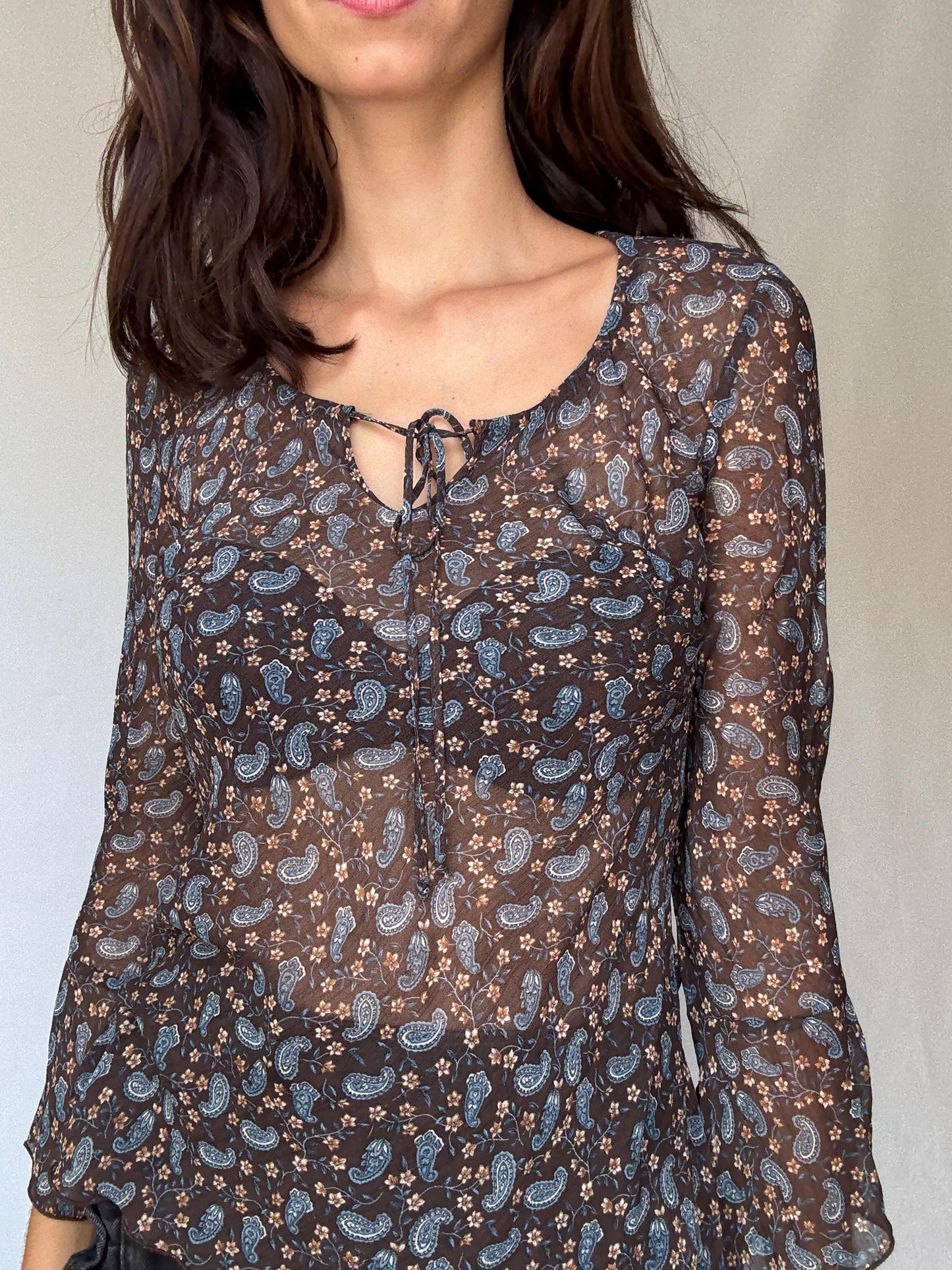 Sheer brown paisley floral blouse | 100% viscose long sleeve tie front top, 90s boho indie style, Made in Spain romantic shirt
