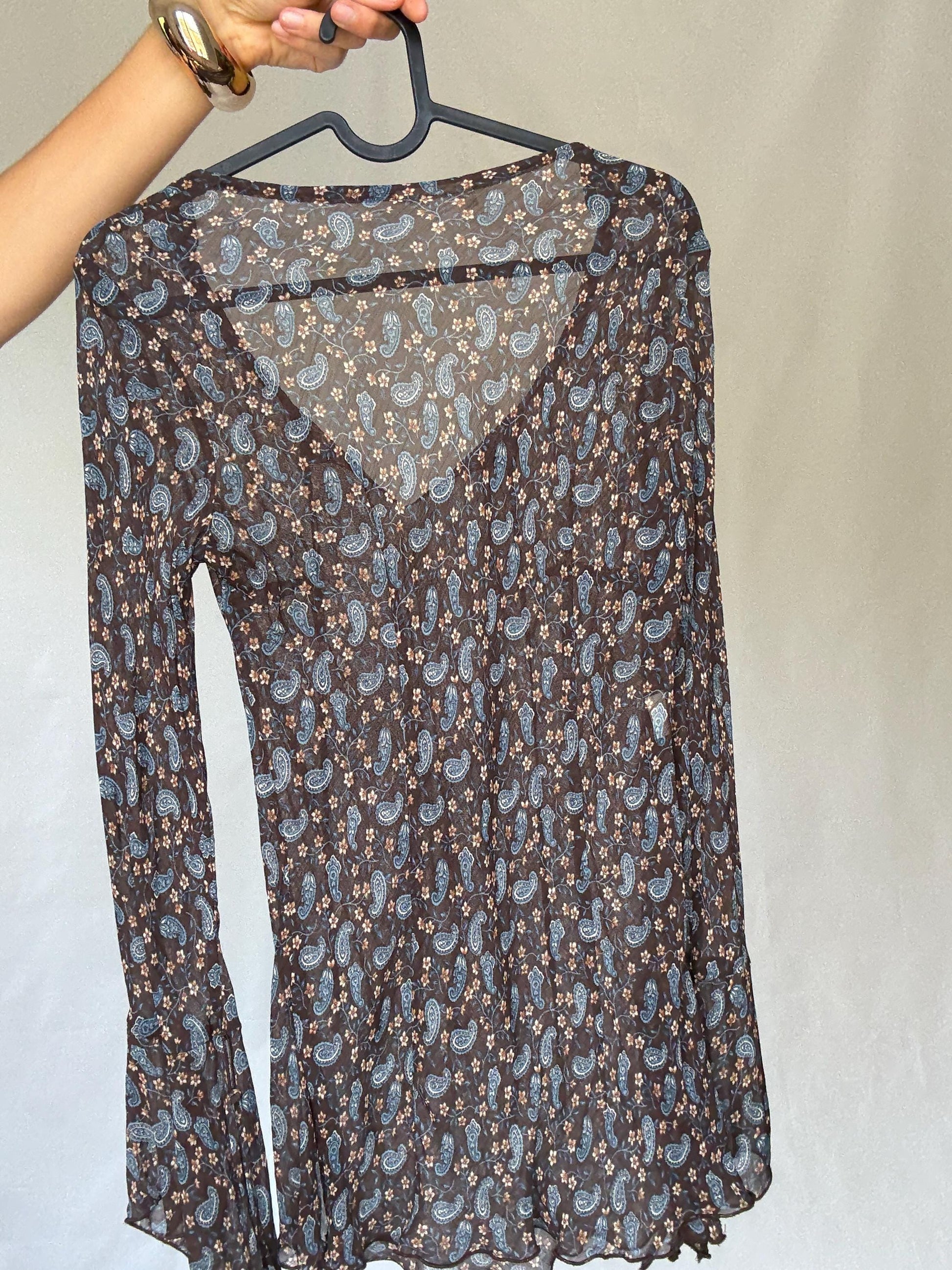 Sheer brown paisley floral blouse | 100% viscose long sleeve tie front top, 90s boho indie style, Made in Spain romantic shirt