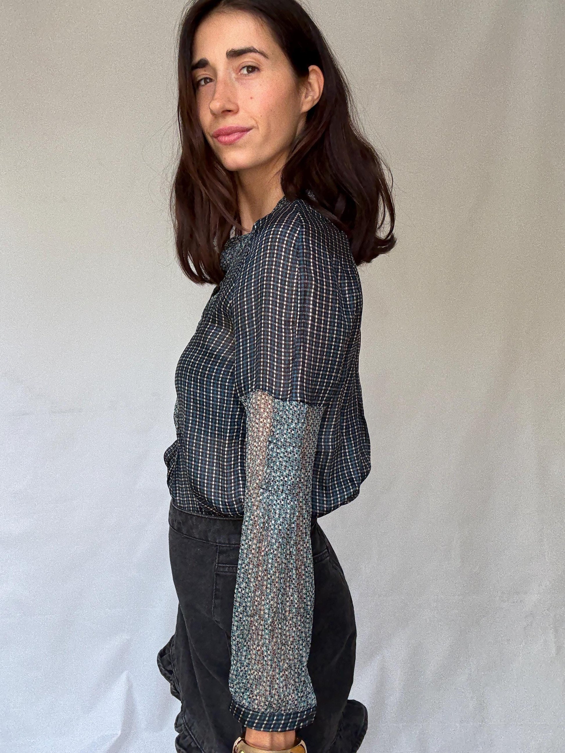 Sheer silk blouse with mixed floral and check pattern – See through luxury long sleeve airy shirt, Size M-L